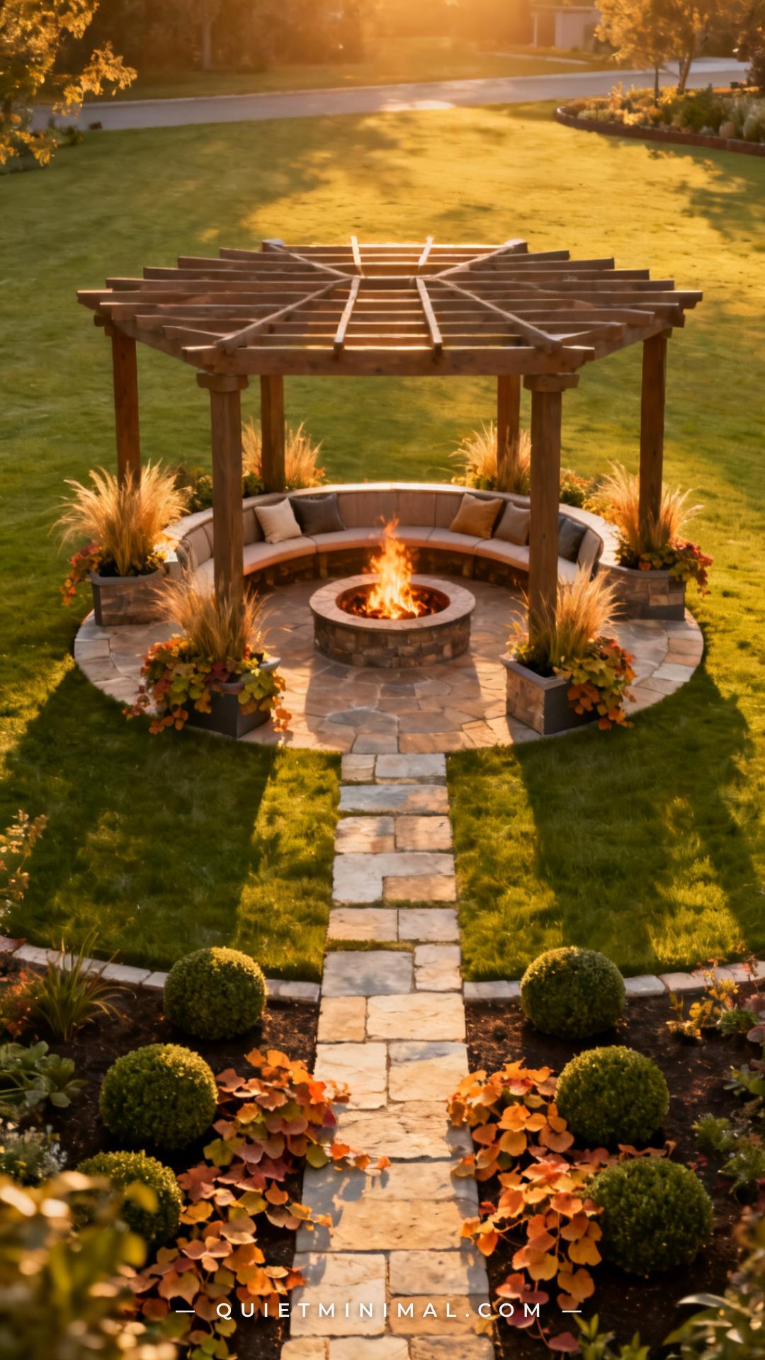 A wide vertical photograph of a freestanding pergola fire pit circle from the exterior — the full structure visible from