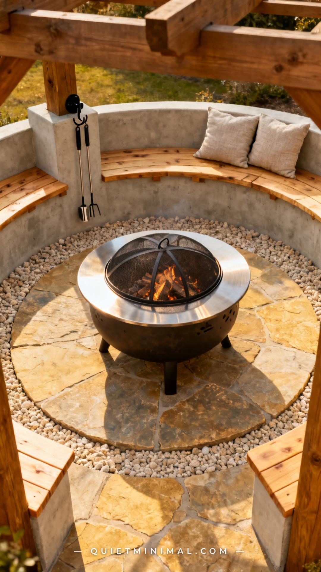 A medium-wide photograph of a circular patio space centered on a round 44-inch dark steel wood-burning fire pit with a m