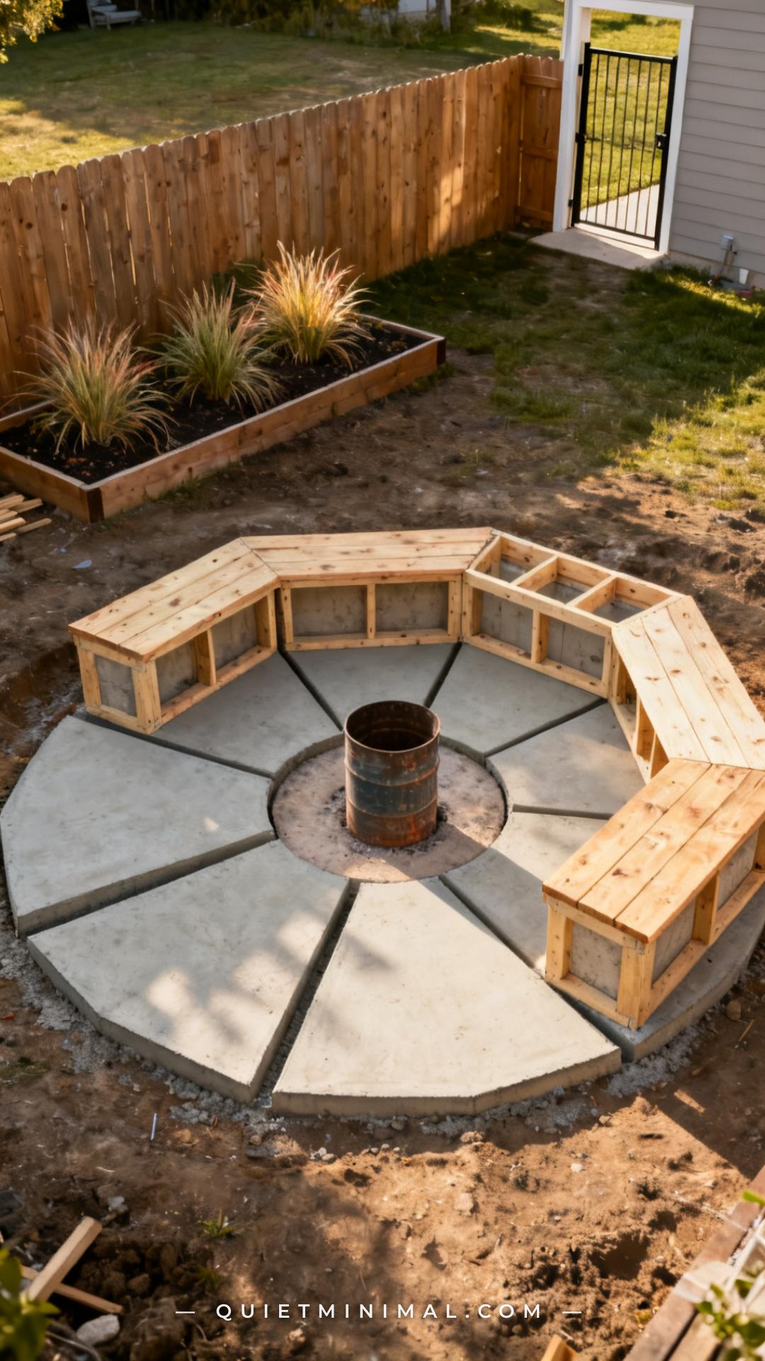 A wide establishing shot of a backyard construction scene showing a built-in bench foundation being laid in four separat