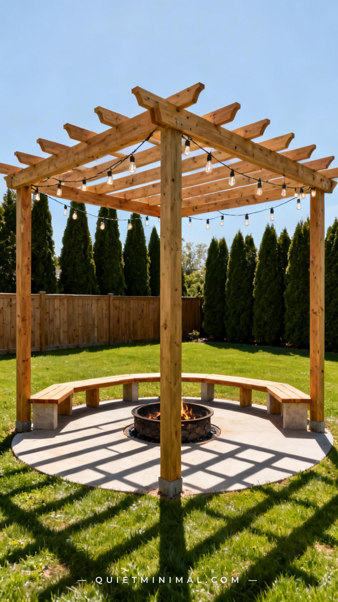 A vertical wide-angle photograph of a freestanding cedar pergola in a backyard