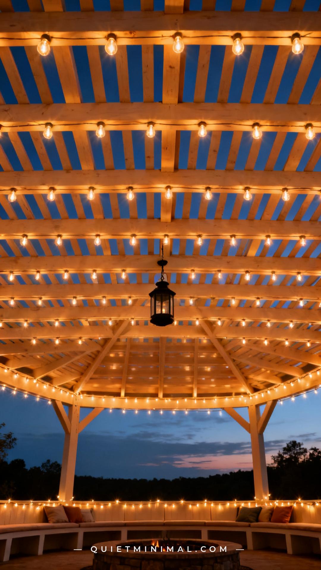 A wide photograph of a pergola ceiling at dusk