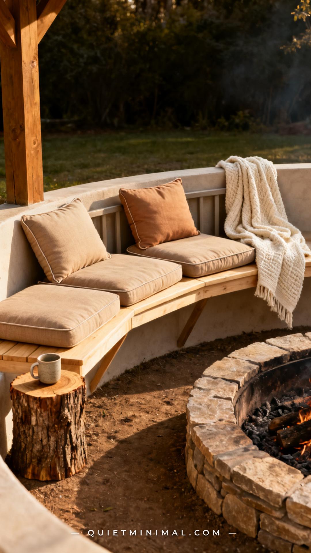 A medium-wide photograph of a built-in bench segment within a fire pit circle