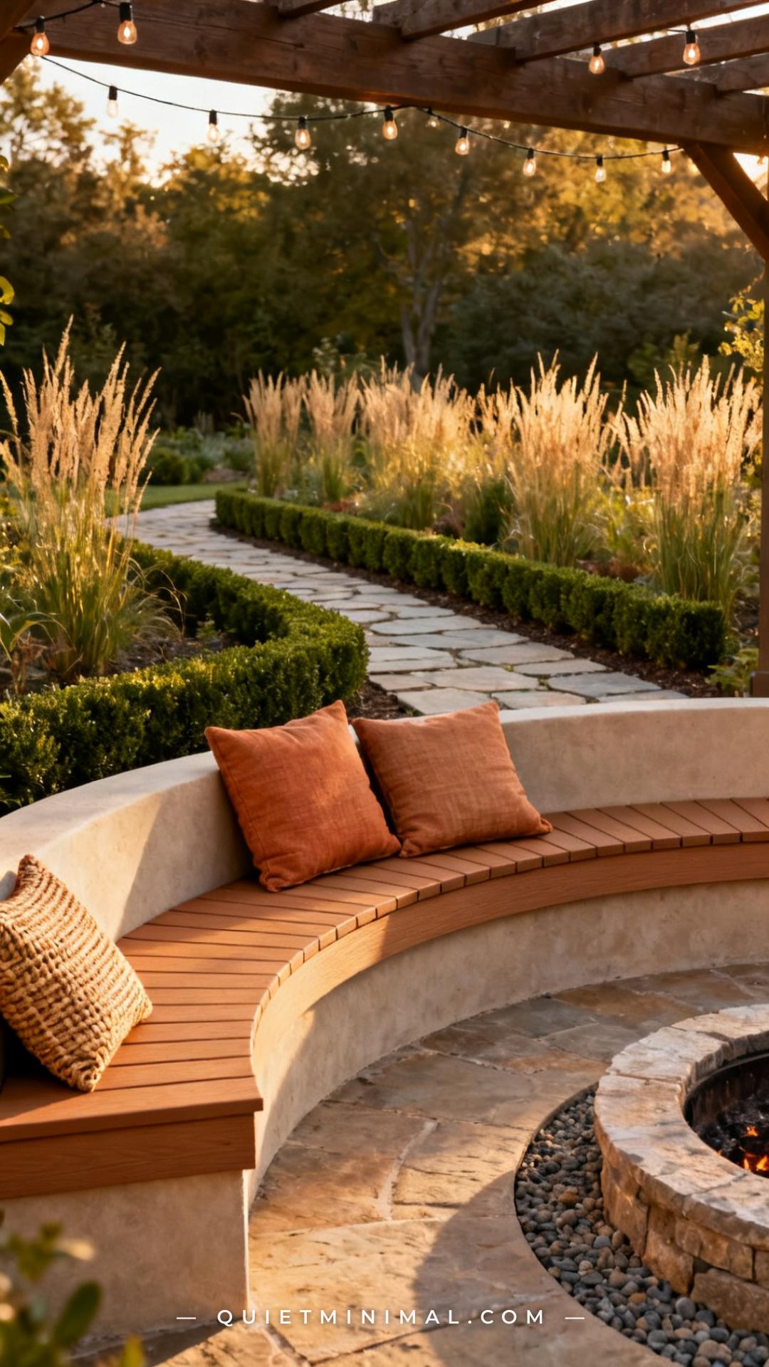 A wide-angle photograph showing a built-in curved bench section at a fire pit circle