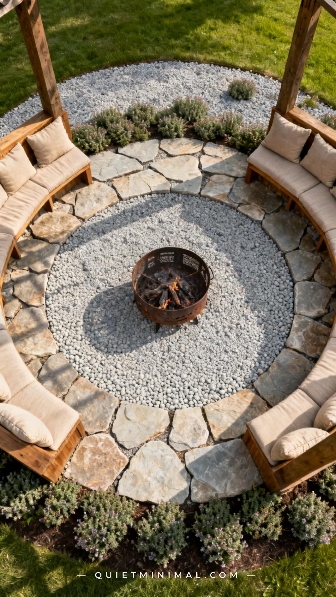 A vertical wide-angle photograph of a circular fire pit zone showing a generous 24-inch-wide ring of smooth pea gravel s