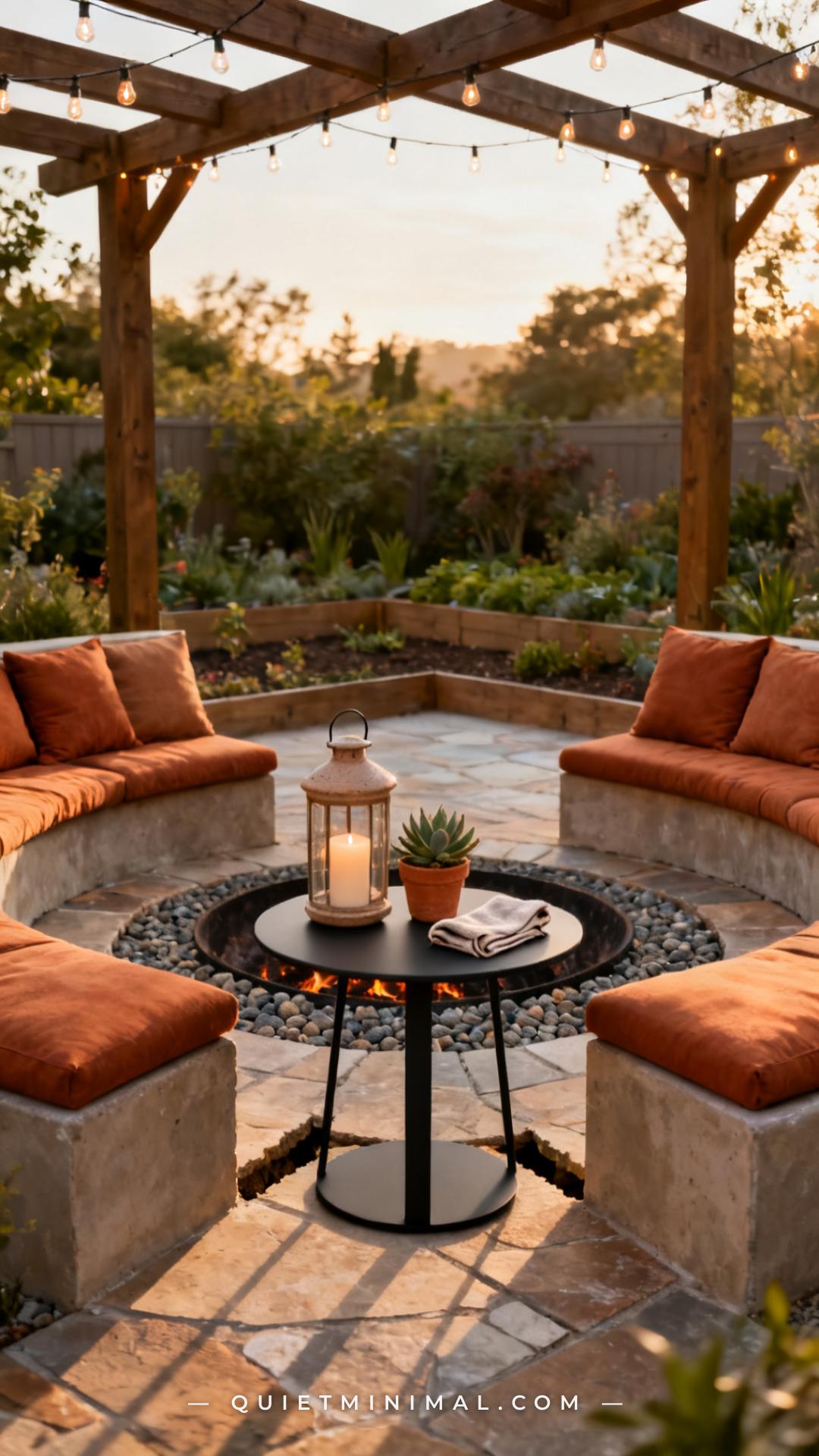 A wide photograph of a built-in bench break between two bench segments at a fire pit circle