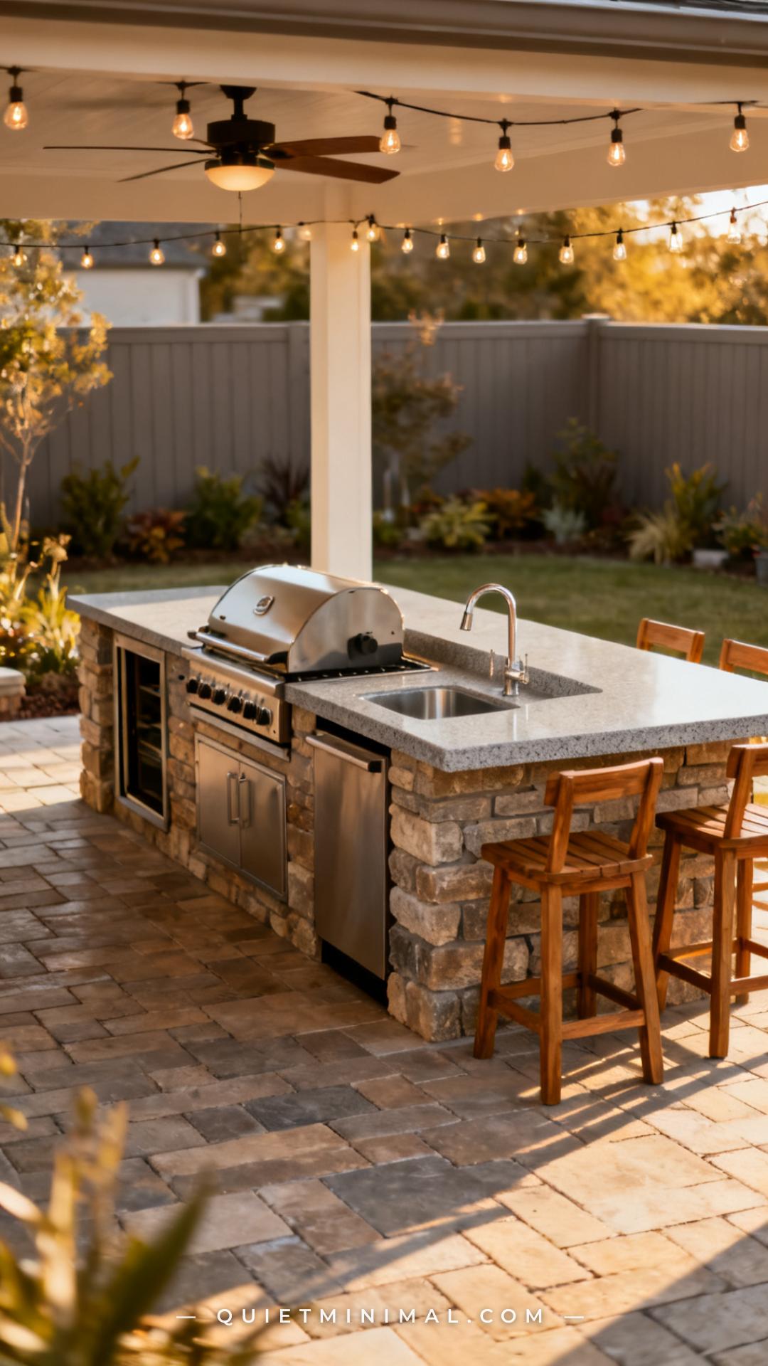 A wide-angle photograph of an outdoor kitchen patio viewed from slightly above and to the side