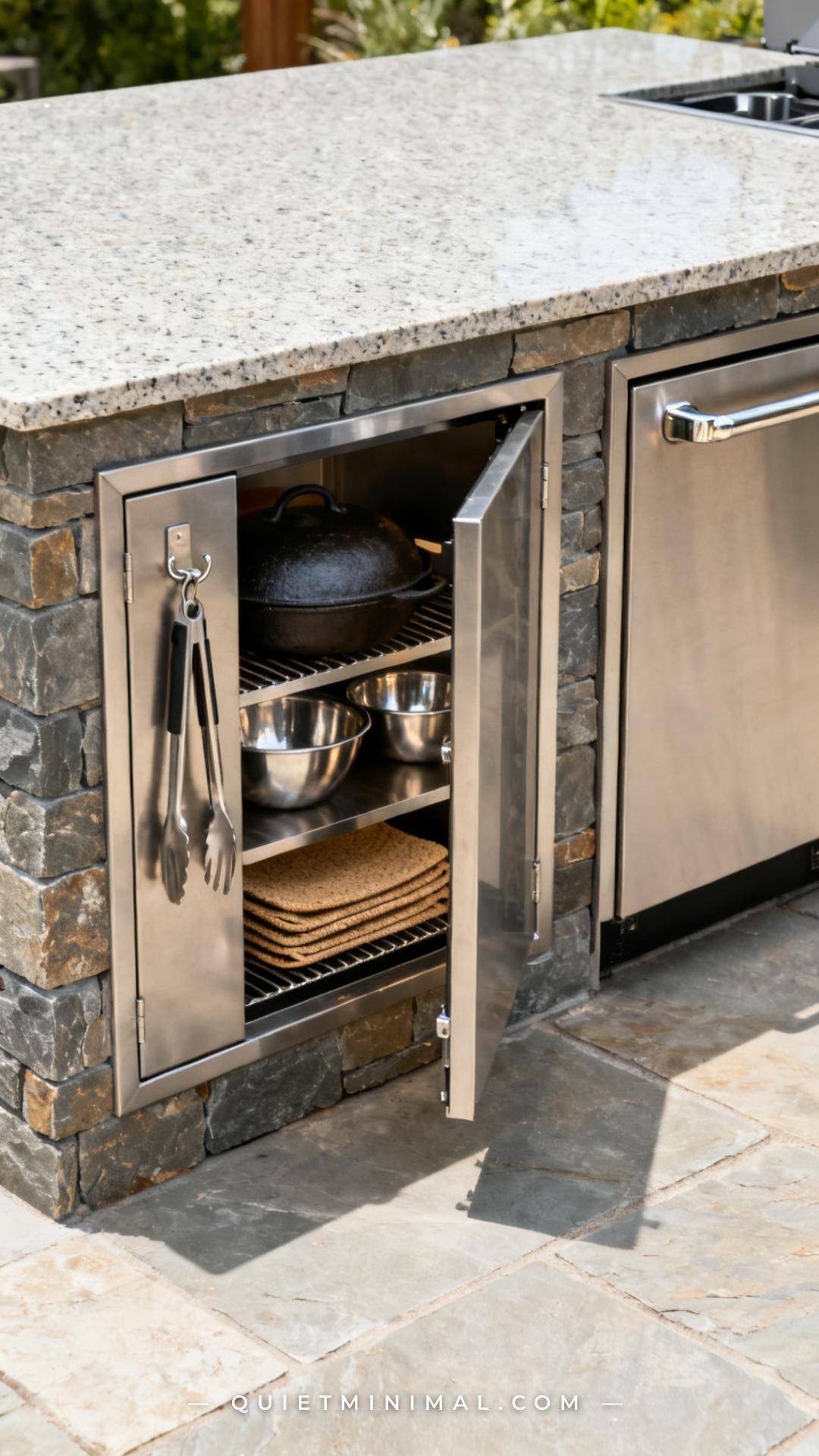 A wide photograph of the base of an outdoor kitchen island showing two stainless steel access door panels open to reveal