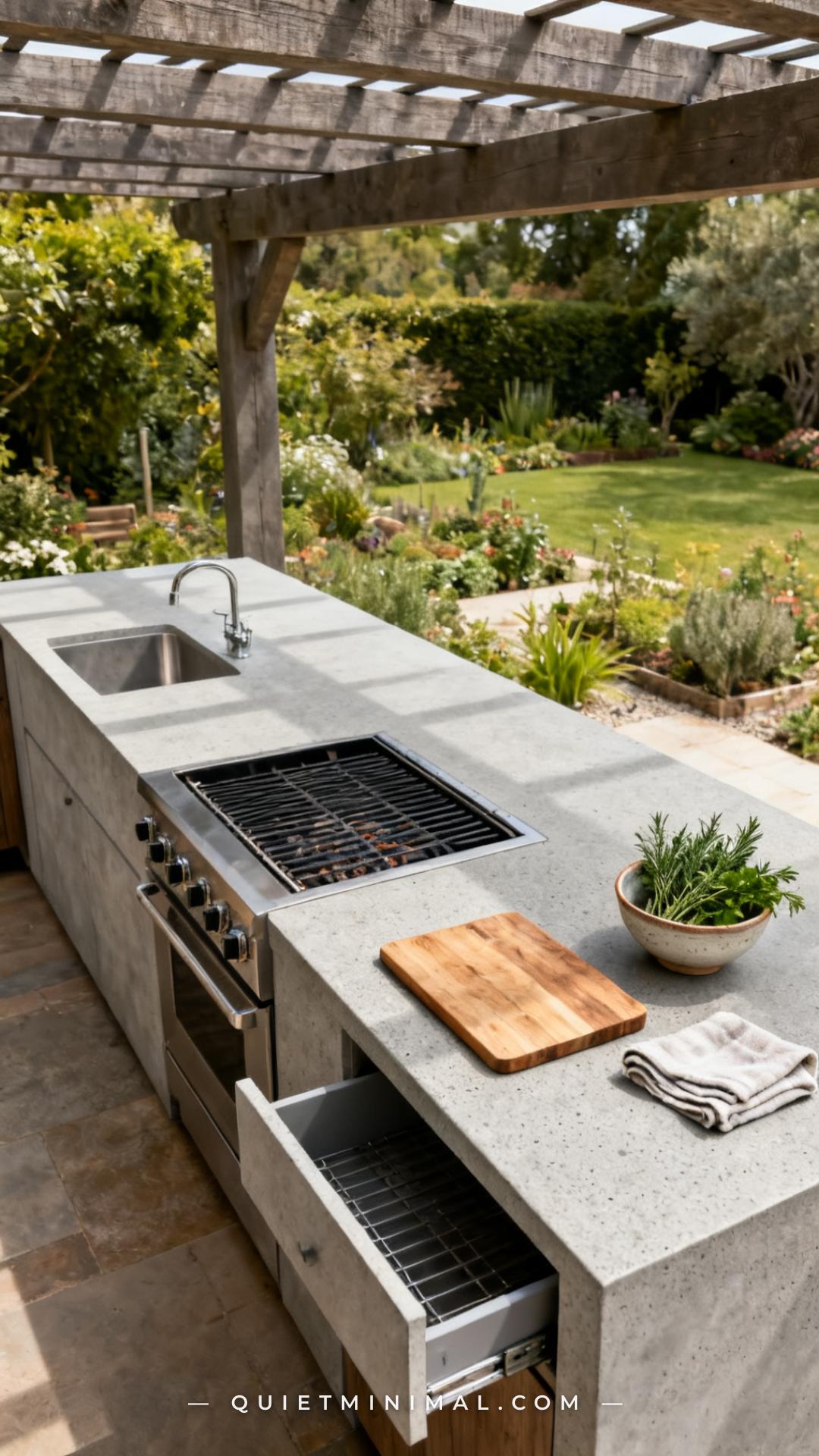 A wide overhead-angle photograph of an outdoor kitchen countertop surface