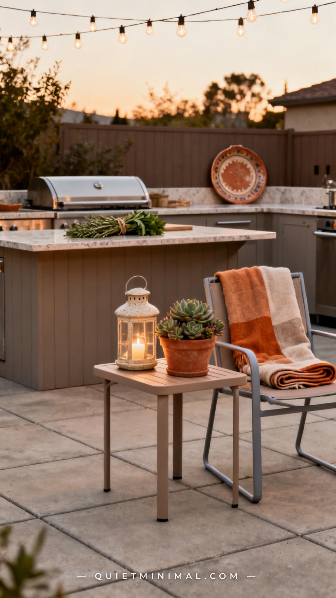 A vertical photograph of a finished outdoor kitchen patio styled for entertaining