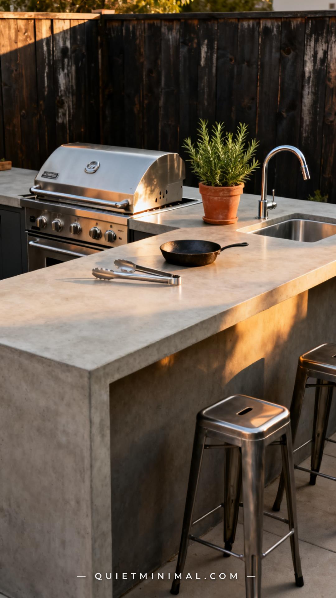 A vertical photograph of a backyard outdoor kitchen showing a stainless steel built-in grill head dropped cleanly into a