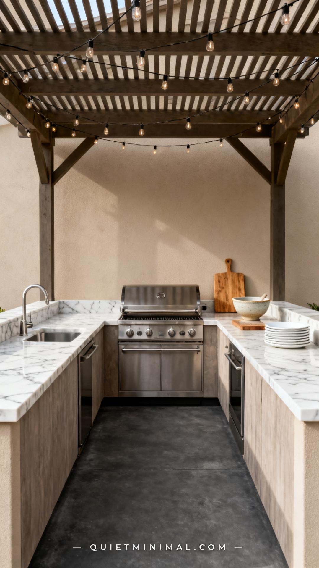 A medium-wide photograph of a long outdoor kitchen counter run in a covered patio