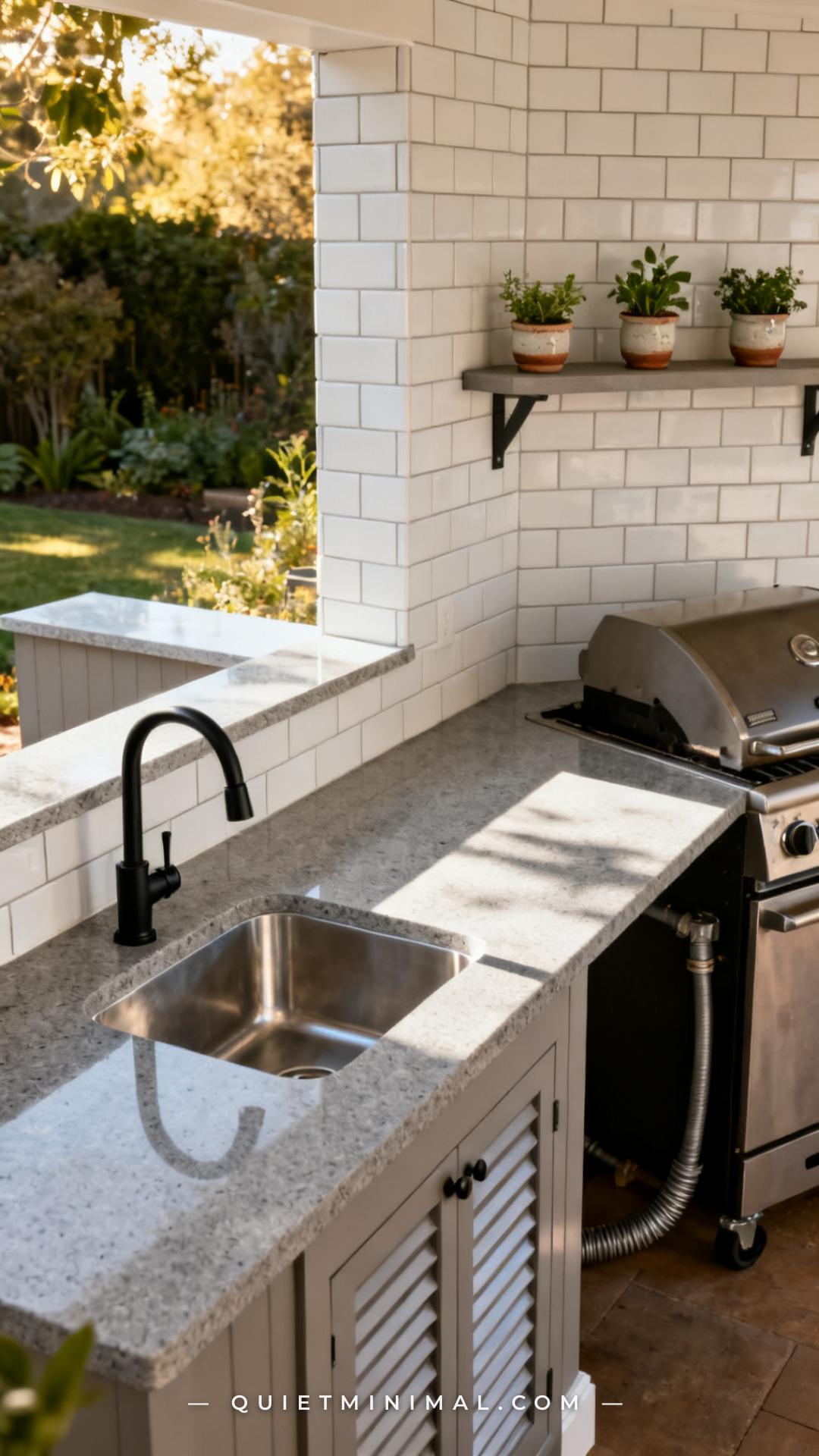 A wide photograph of the left end of an outdoor kitchen counter