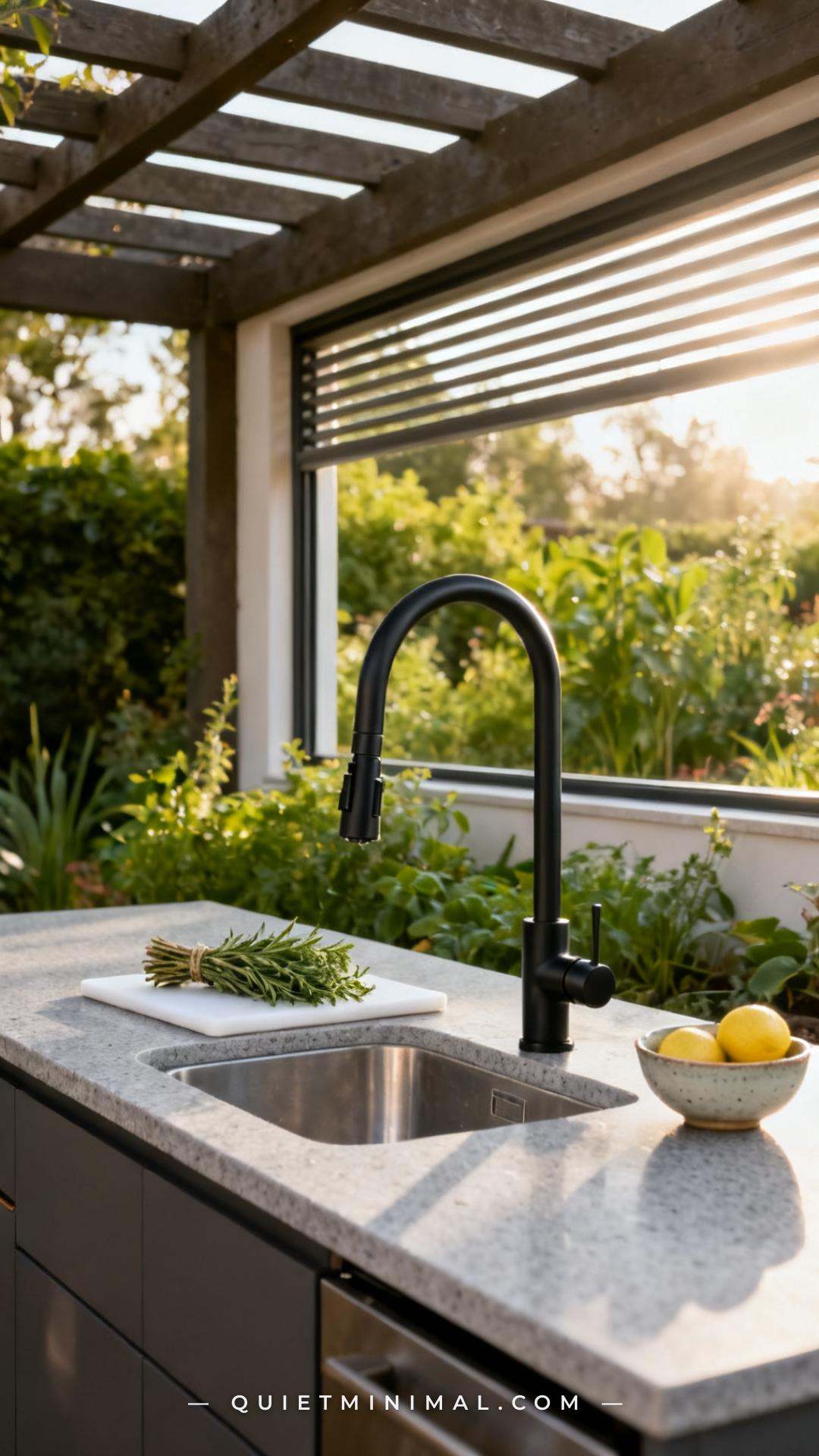 A vertical photograph showing an outdoor kitchen faucet detail within its full counter context — a matte black pull-down