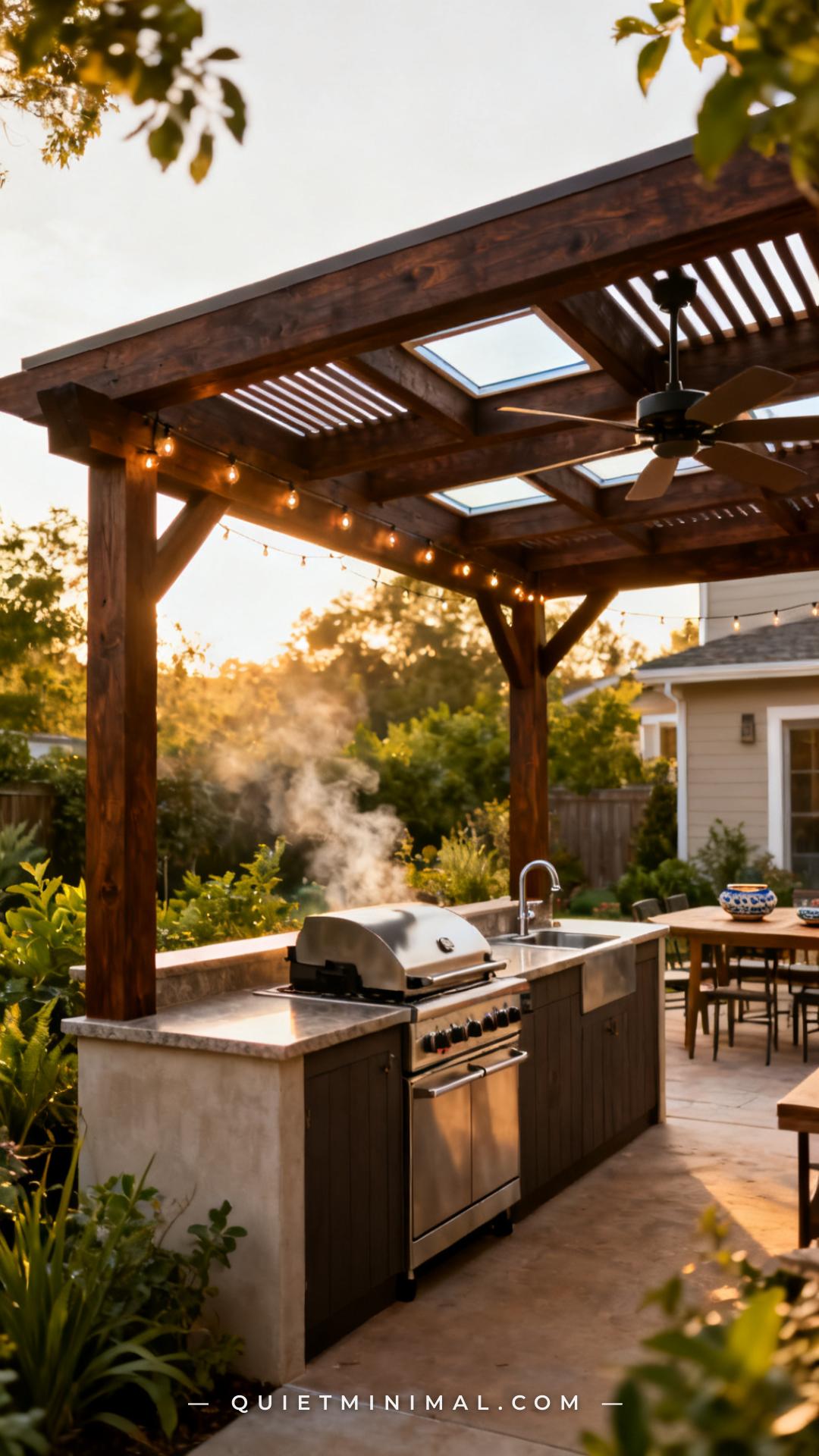 A wide establishing shot of a backyard outdoor kitchen under a solid pergola roof with dark stained wood beams