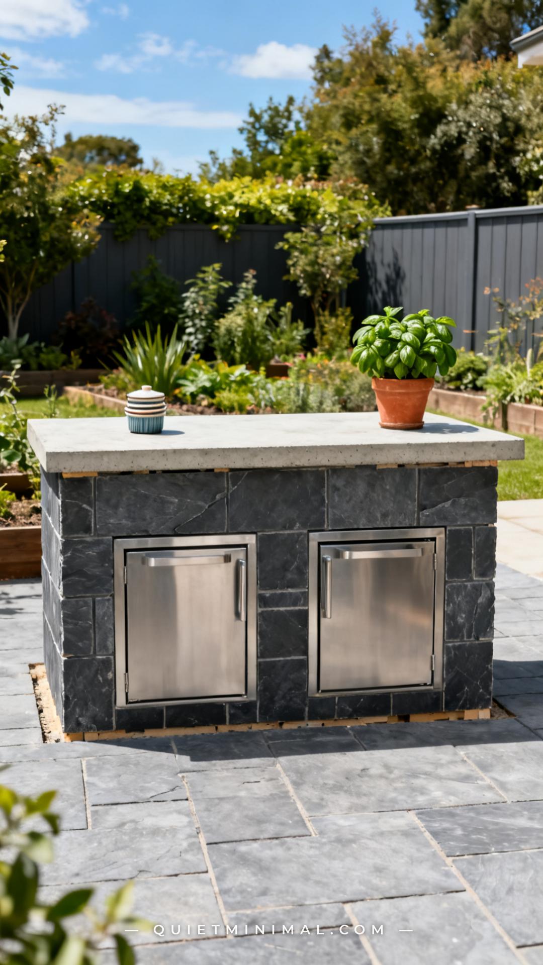 A wide photograph of an outdoor kitchen island base under construction or fully finished