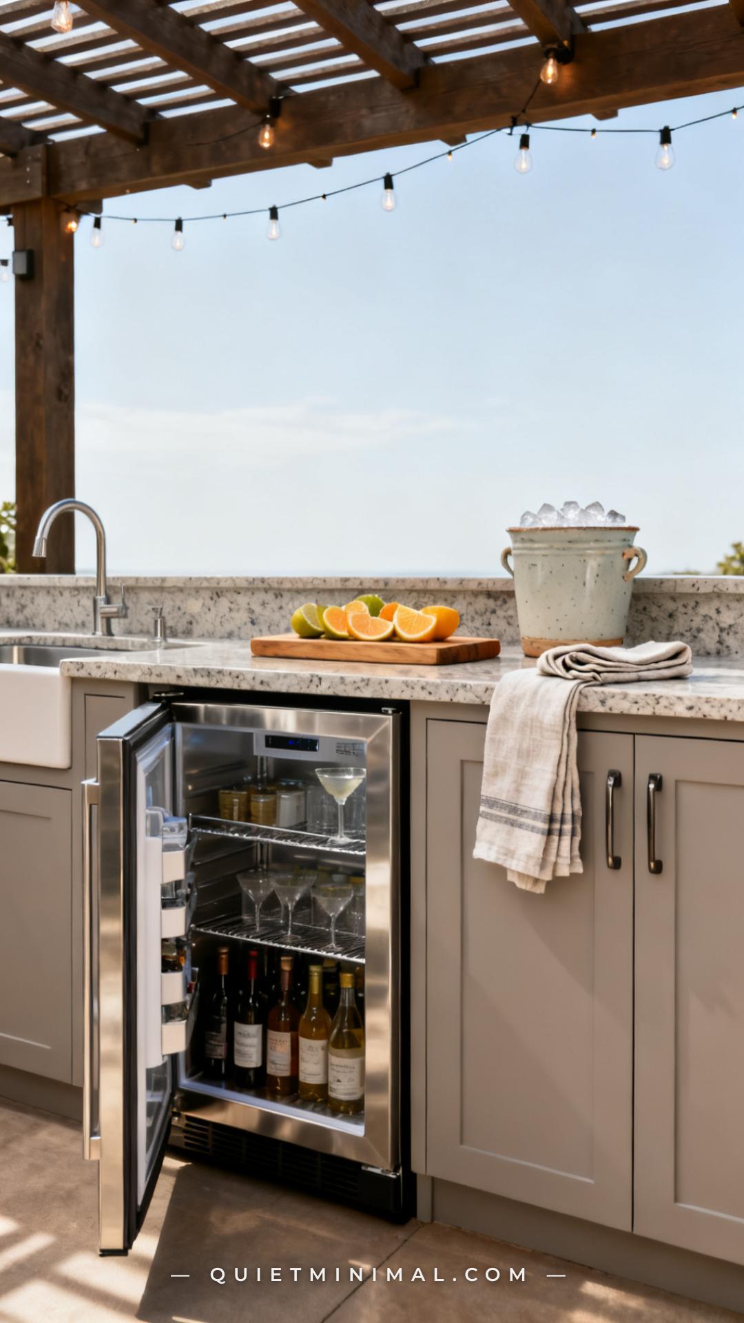 A vertical photograph of the right end of an outdoor kitchen counter showing a stainless steel outdoor-rated under-count
