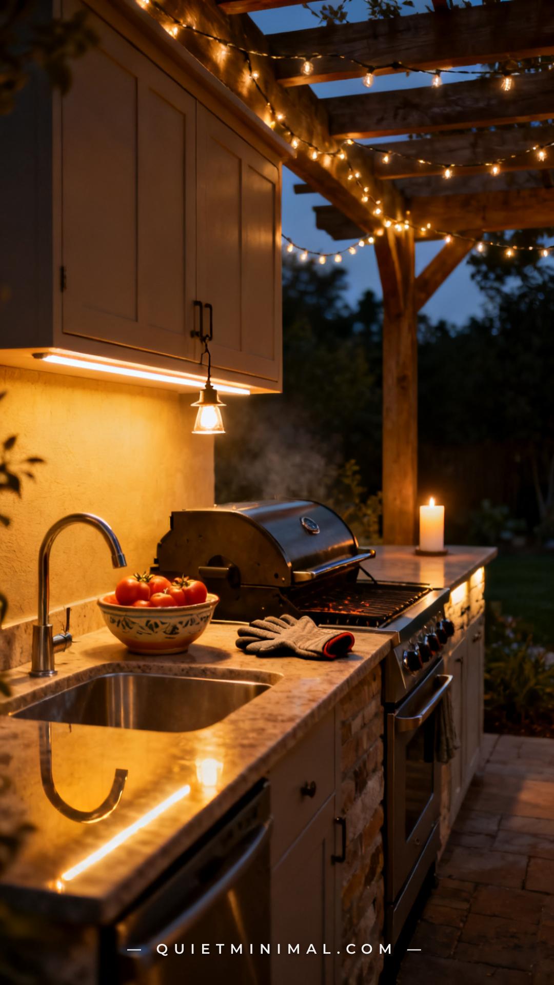 A wide evening photograph of a backyard outdoor kitchen glowing with warm light