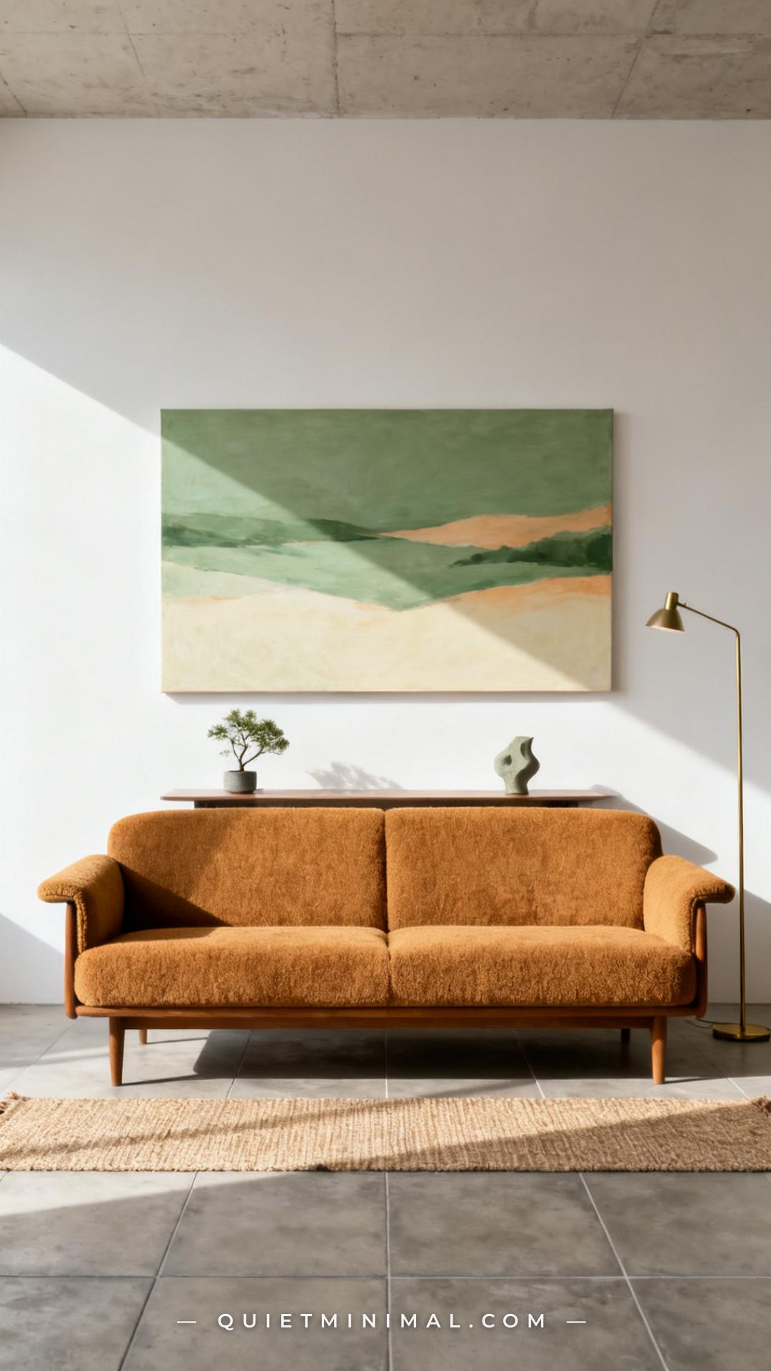 A vertical photograph captures the full living room wall behind a low-profile mid-century sofa in warm camel bouclé