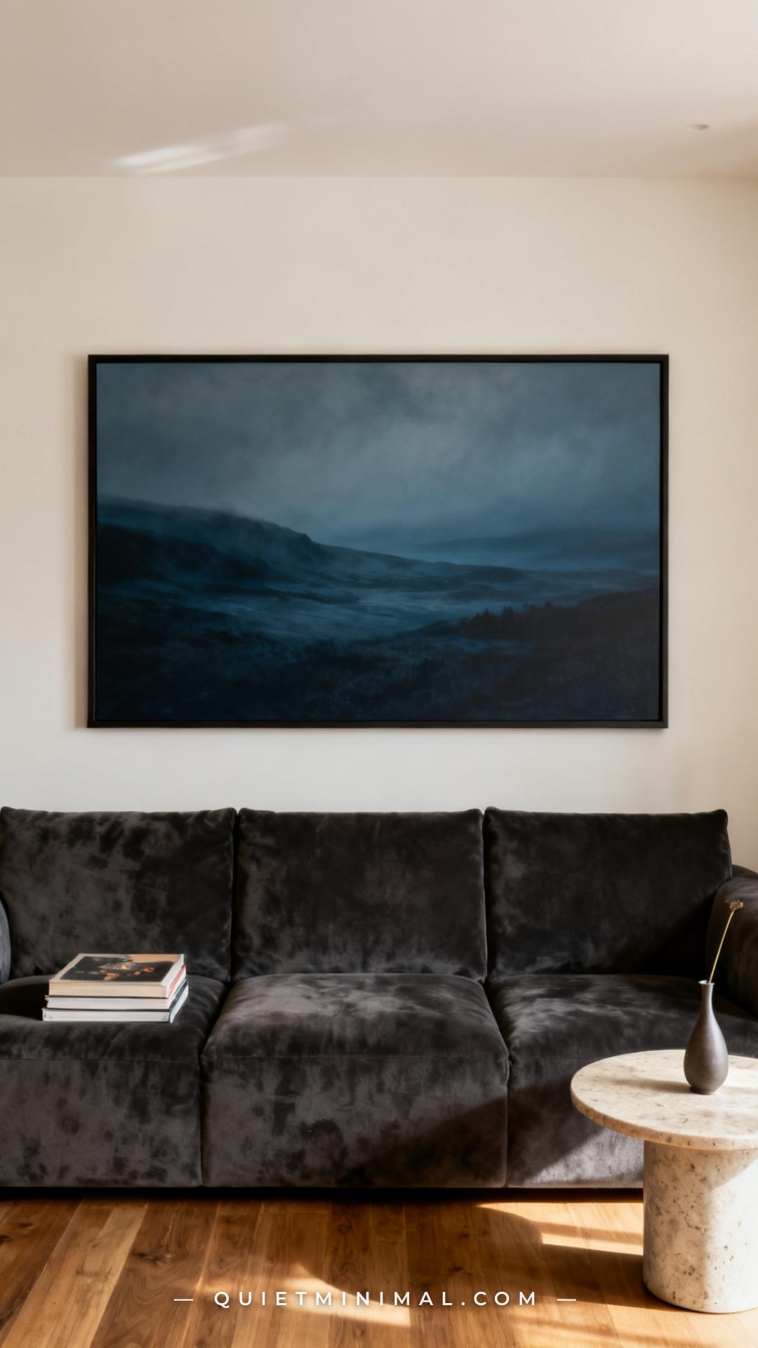 A medium-wide vertical photograph shows a living room wall detail: a dark-framed oversized landscape print in moody blue
