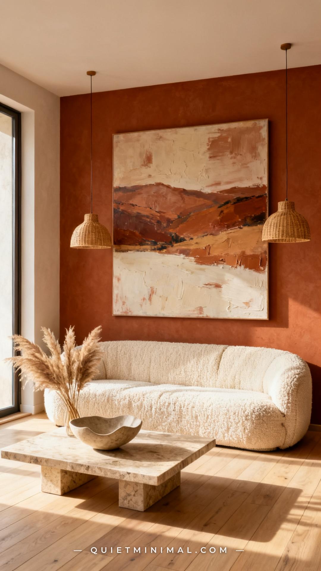 A wide vertical photograph establishes a full view of a modern organic living room