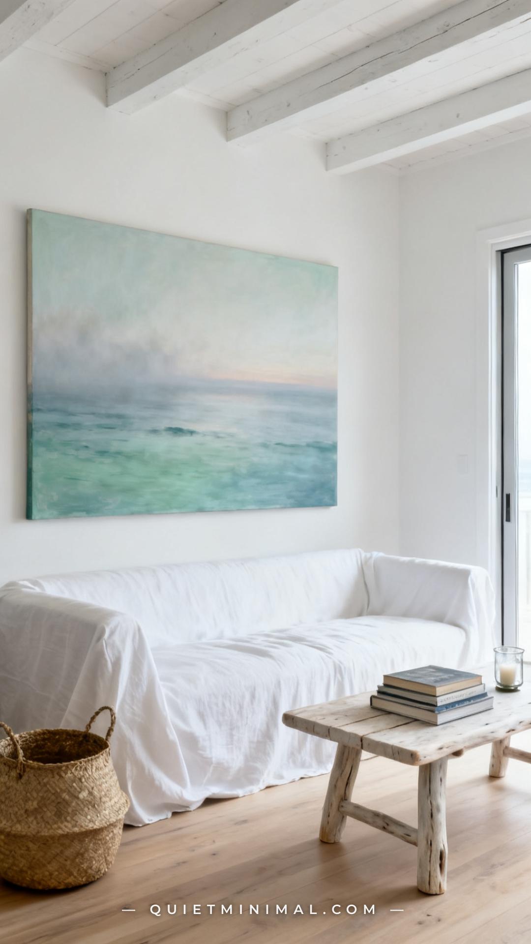 A wide establishing shot of a coastal-inspired living room