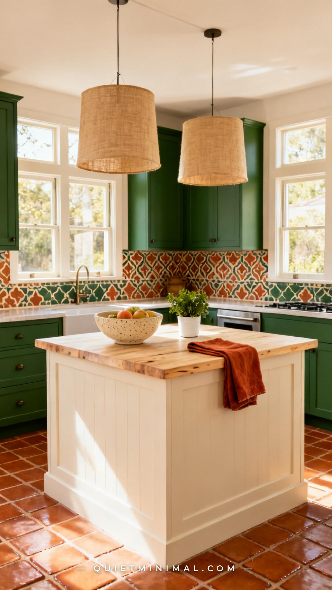 A wide establishing photograph captures a colorful kitchen where the island is painted in warm