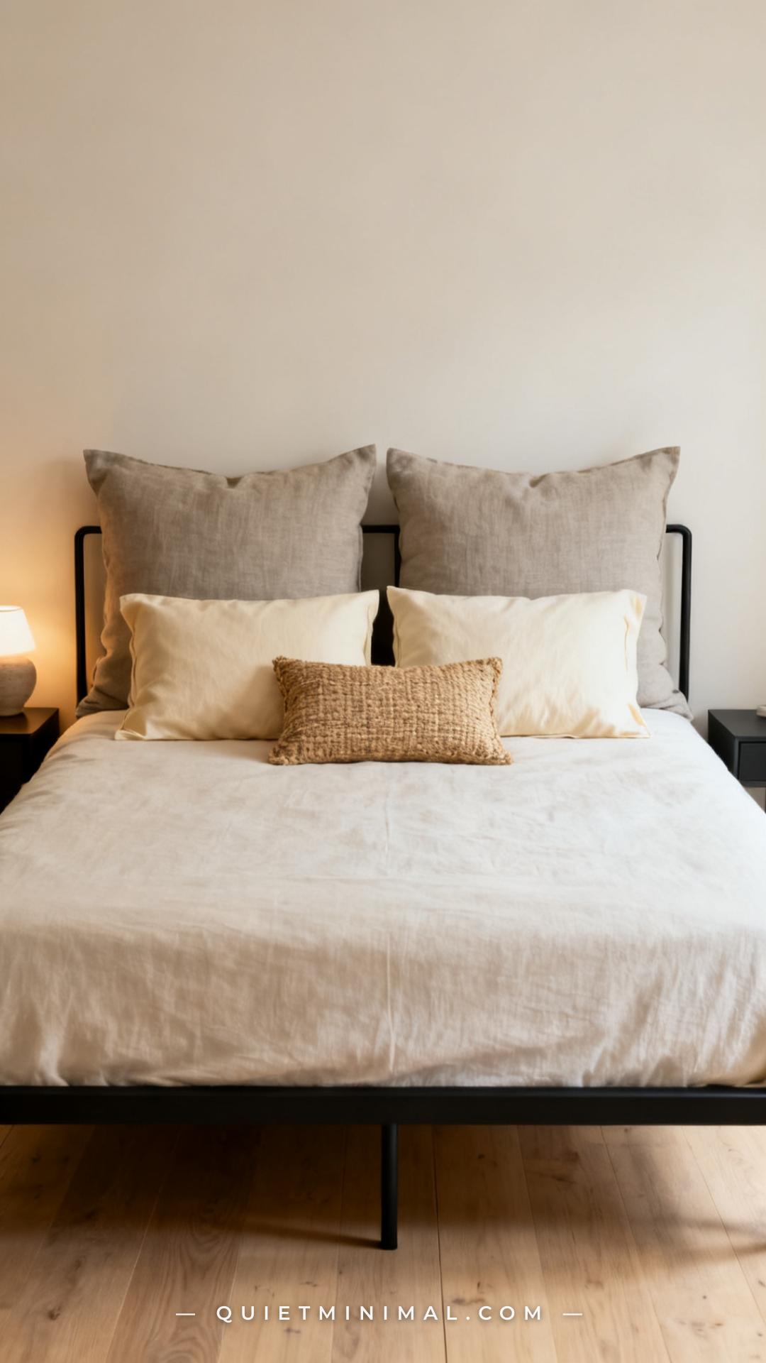 A wide establishing shot of a neatly made queen-size bed centered in a calm bedroom