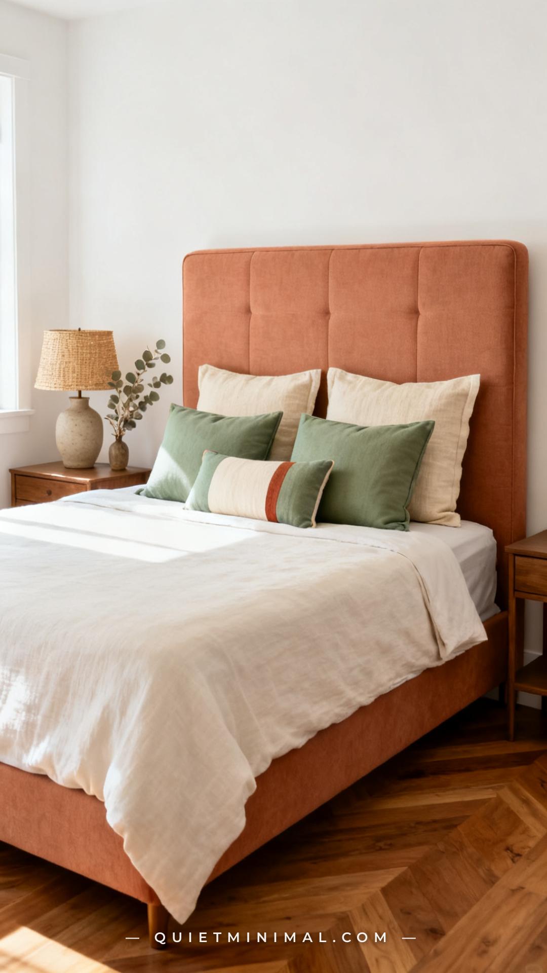 A wide photograph of a styled king bed with a tall padded headboard in a warm sand fabric