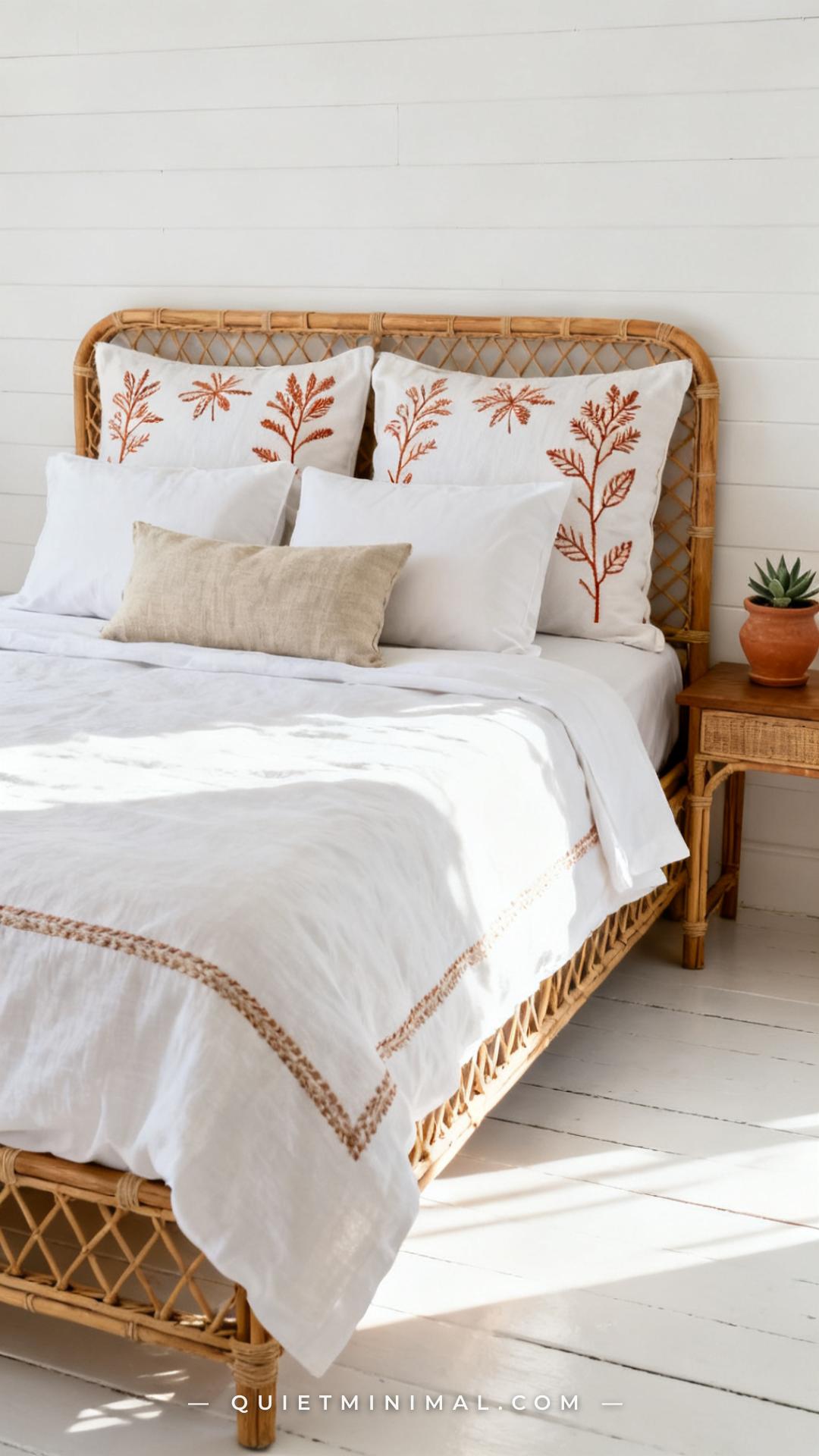 A wide photograph of a styled full bed in a bright white bedroom with a simple white shiplap wall behind the headboard