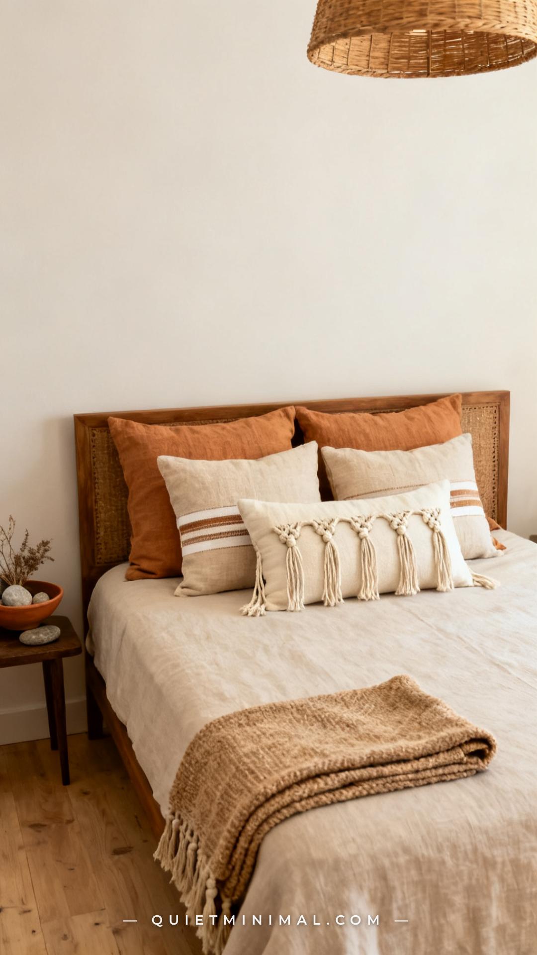 A medium-wide vertical photograph of a full queen bed styled in a warm