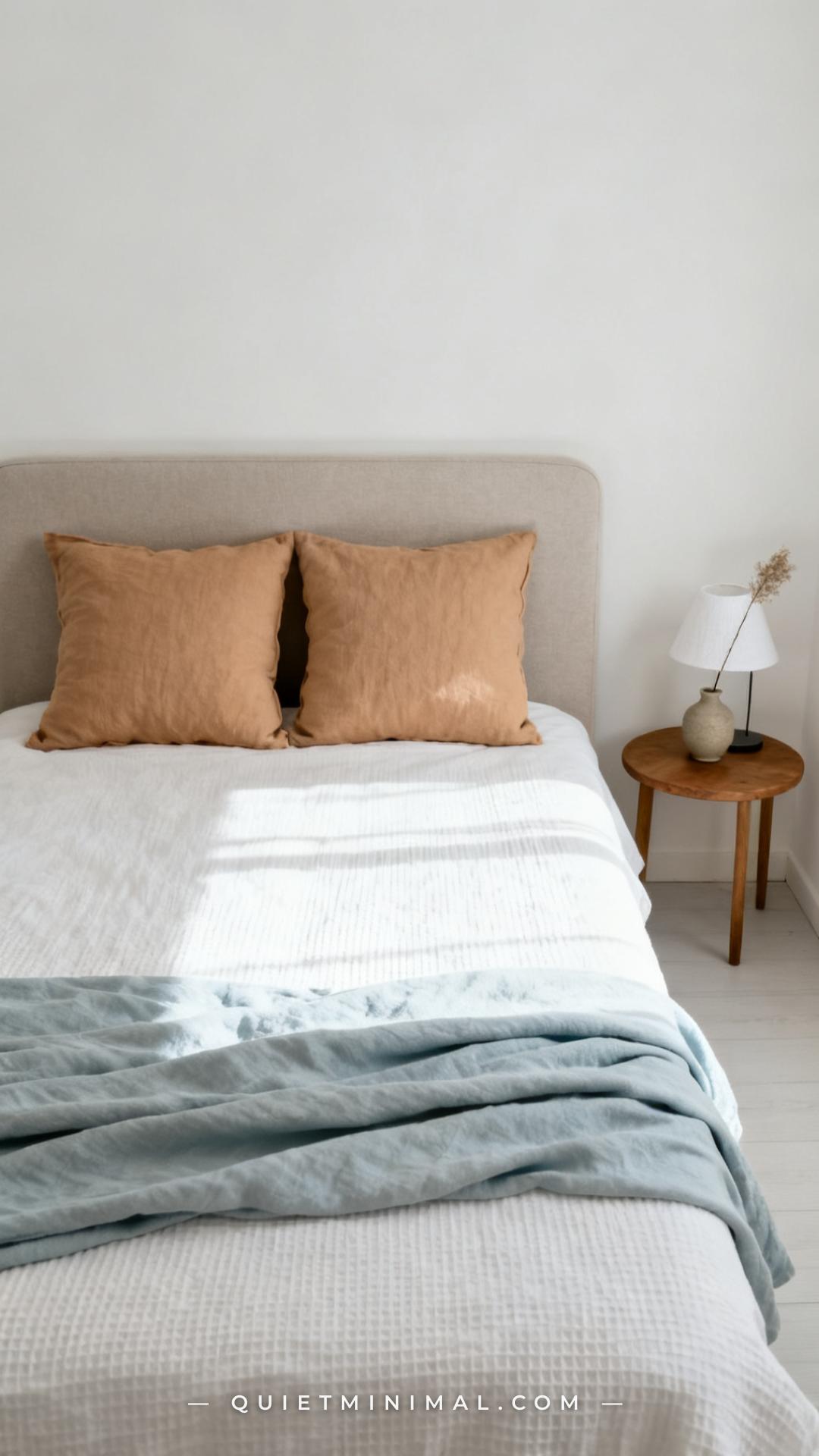 A wide photograph of a neatly made full or double-size bed in a small