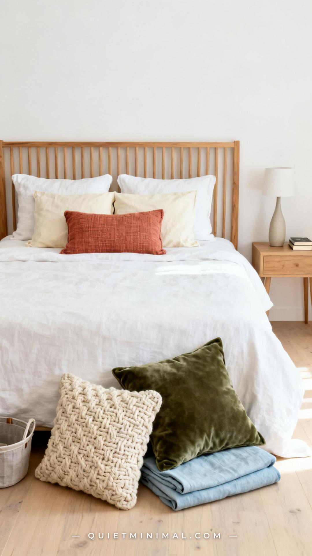 A wide establishing shot of a bedroom with a neutral