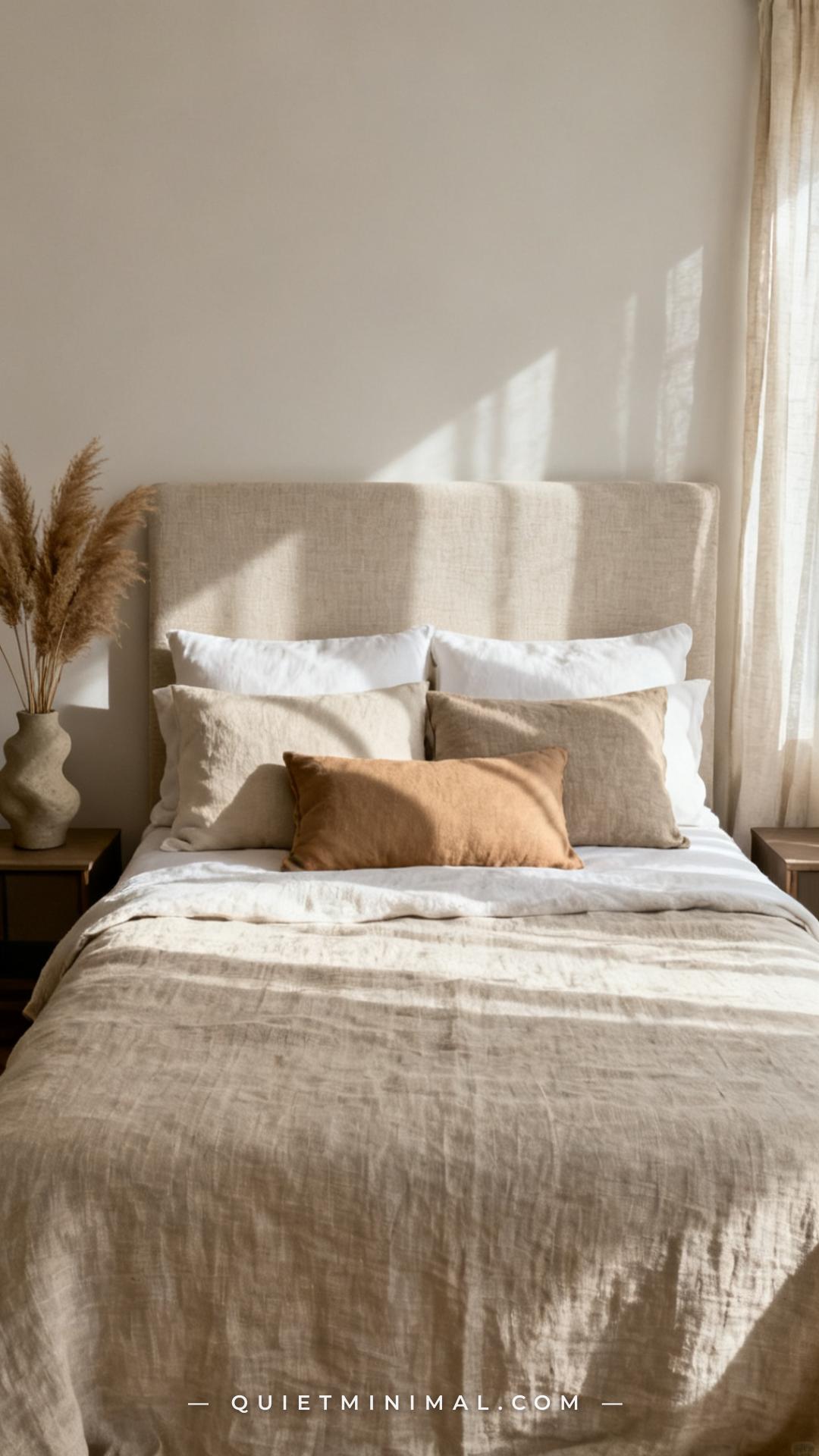 A medium-wide photograph of a full king-size bed dressed entirely in varying shades of natural linen — from bleached whi