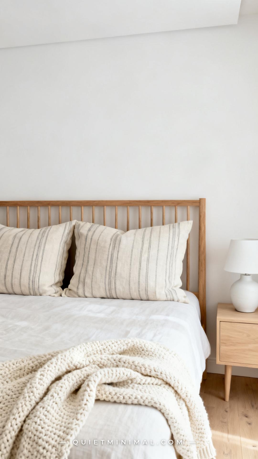 A vertical establishing photograph of the top half of a bed