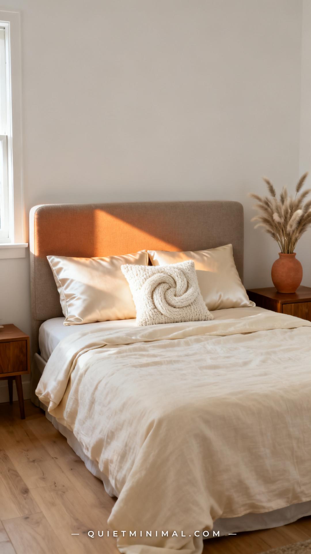 A wide photograph of a styled full bed with a cream cotton duvet cover