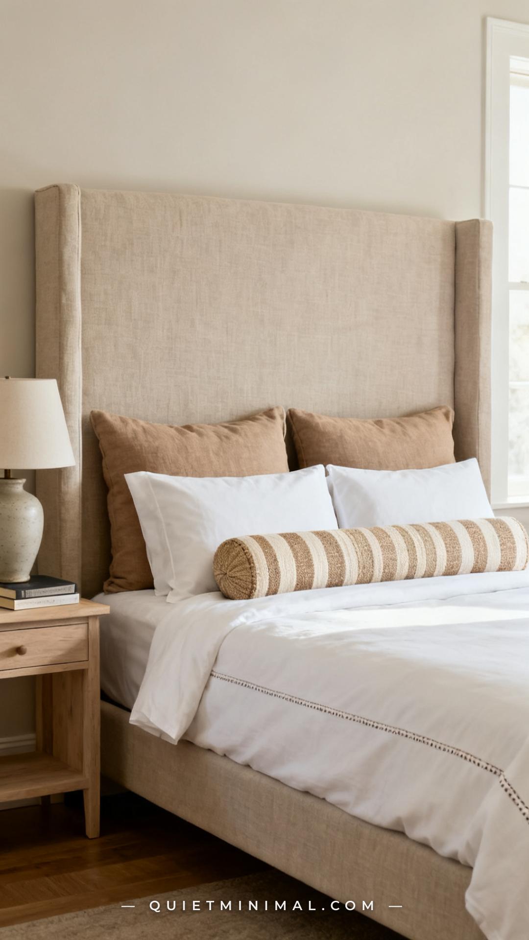 A medium-wide vertical shot of a queen-size bed with a tall upholstered linen headboard