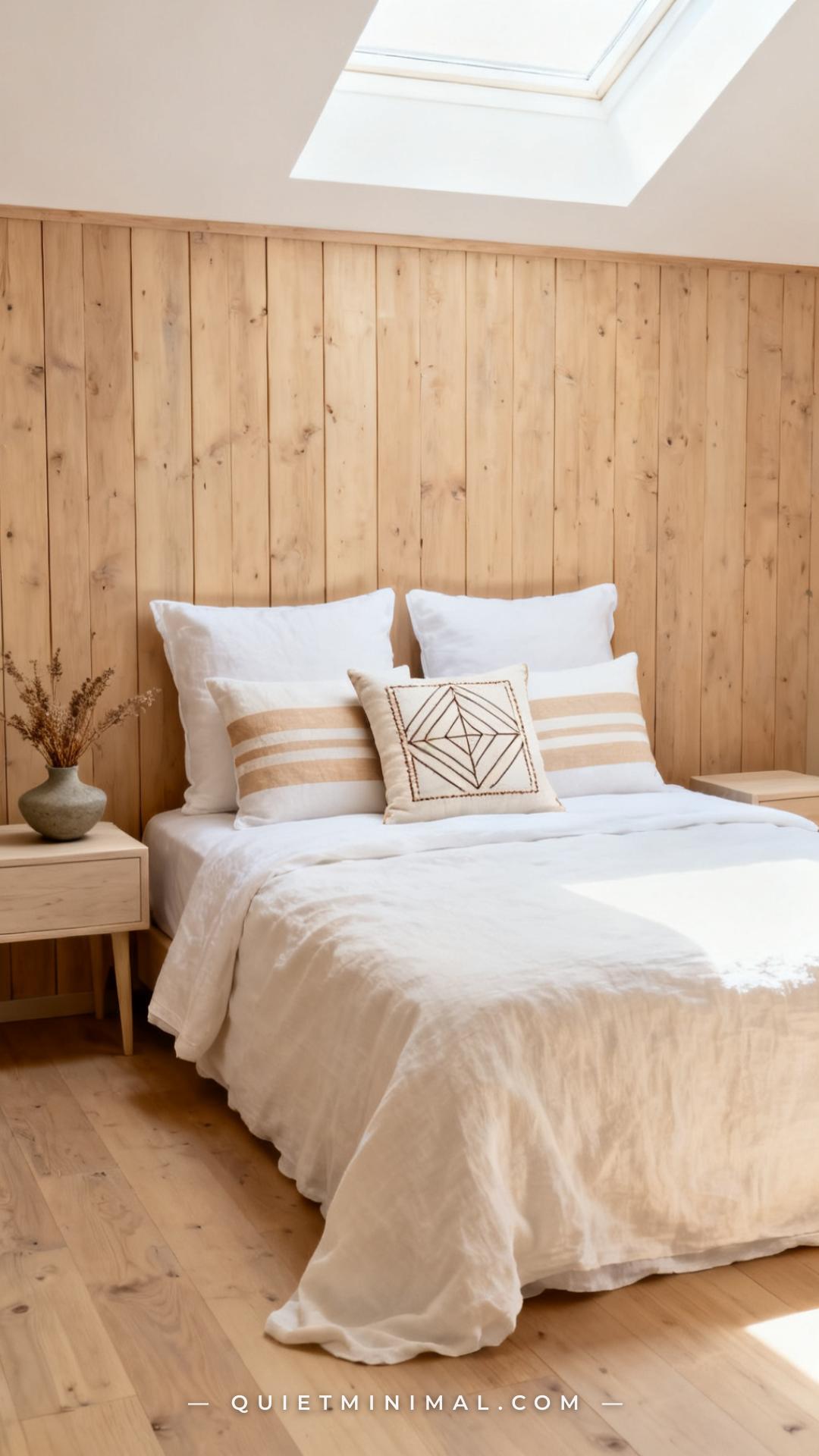 A wide-angle photograph of a styled king-size bed in a bright