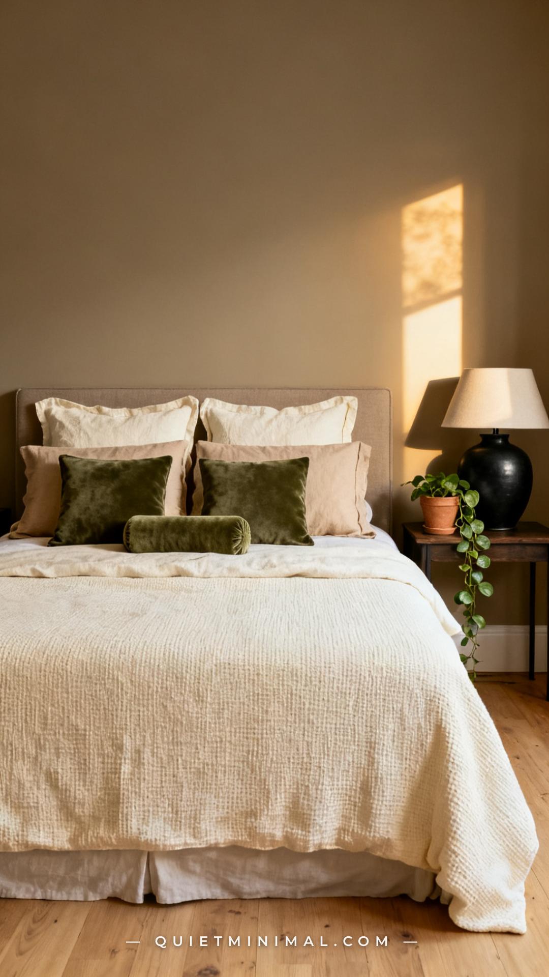 A vertical wide photograph of a full queen bed dressed for autumn