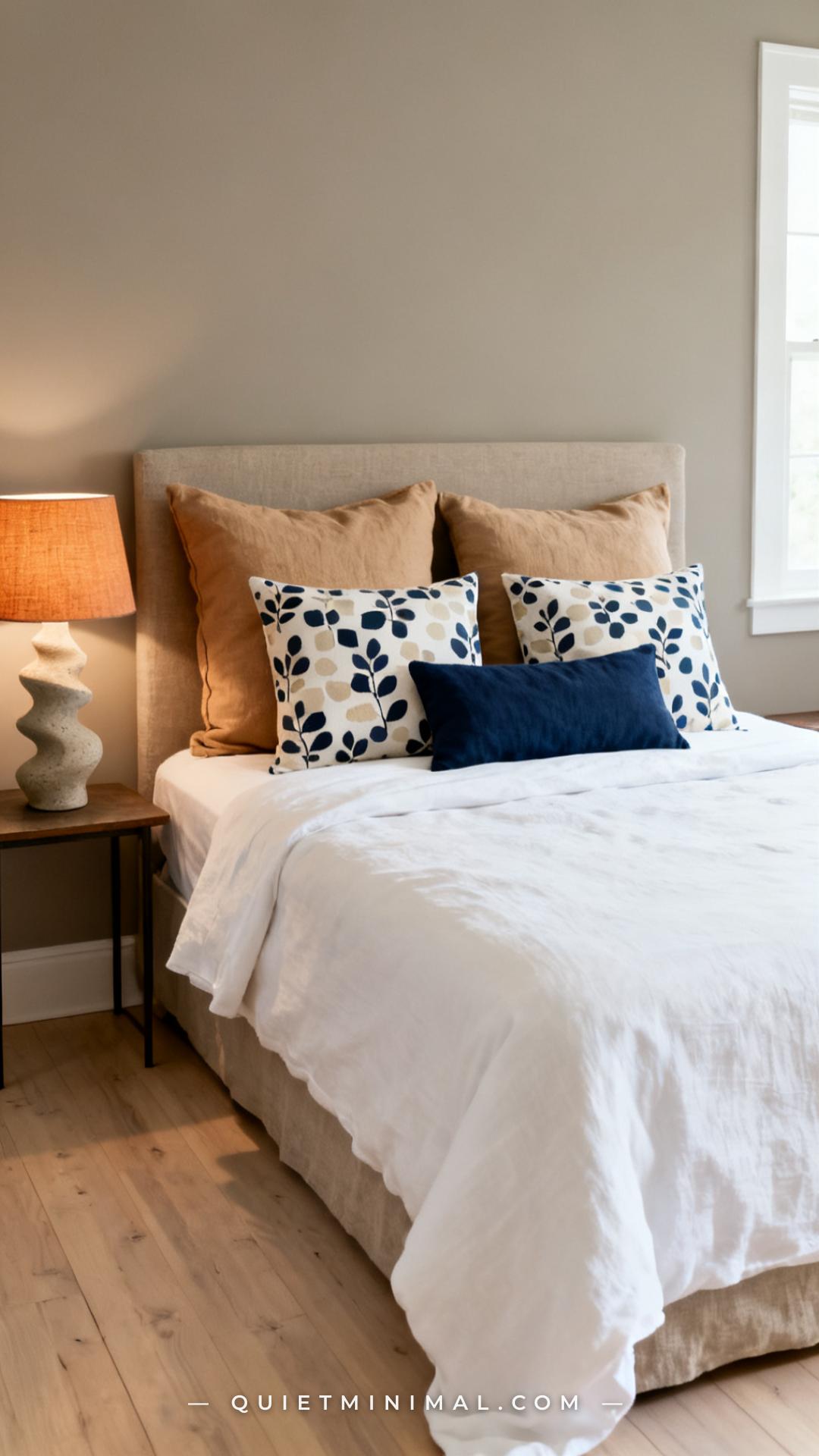 A medium-wide vertical photograph of a full queen bed against a calm greige wall