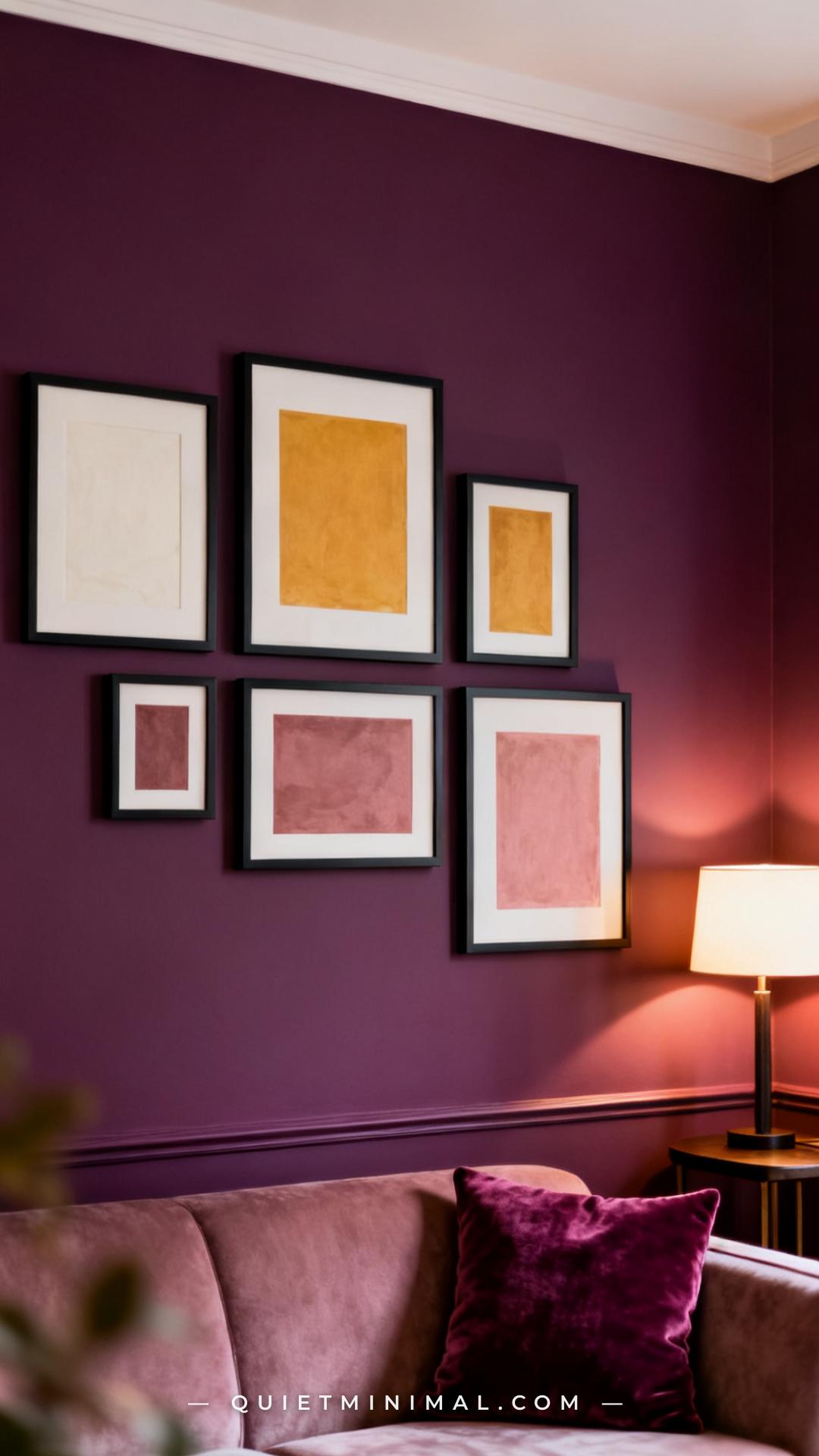 A vertical photograph captures a gallery wall arrangement on a deep plum-painted living room wall