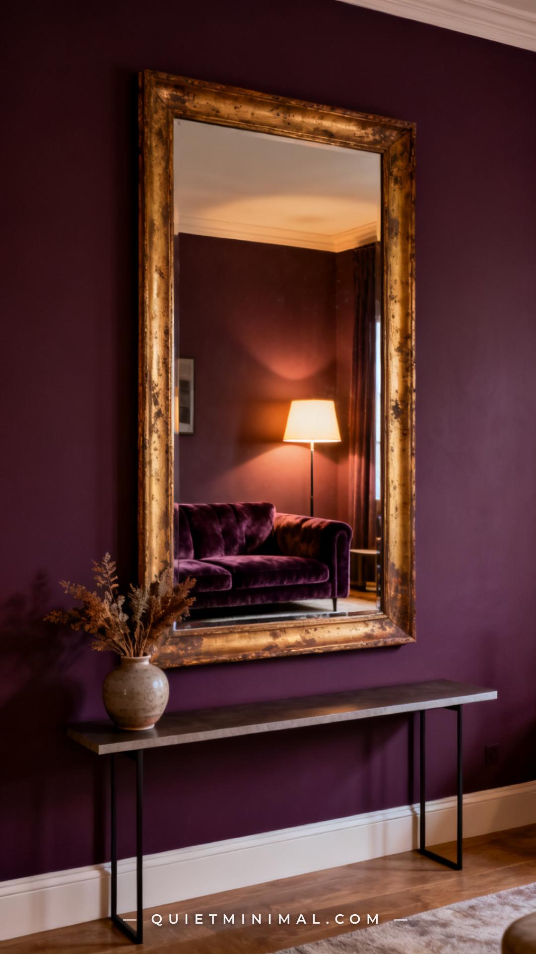 A vertical photograph captures a large antiqued or distressed gold-framed mirror mounted on a deep plum living room wall