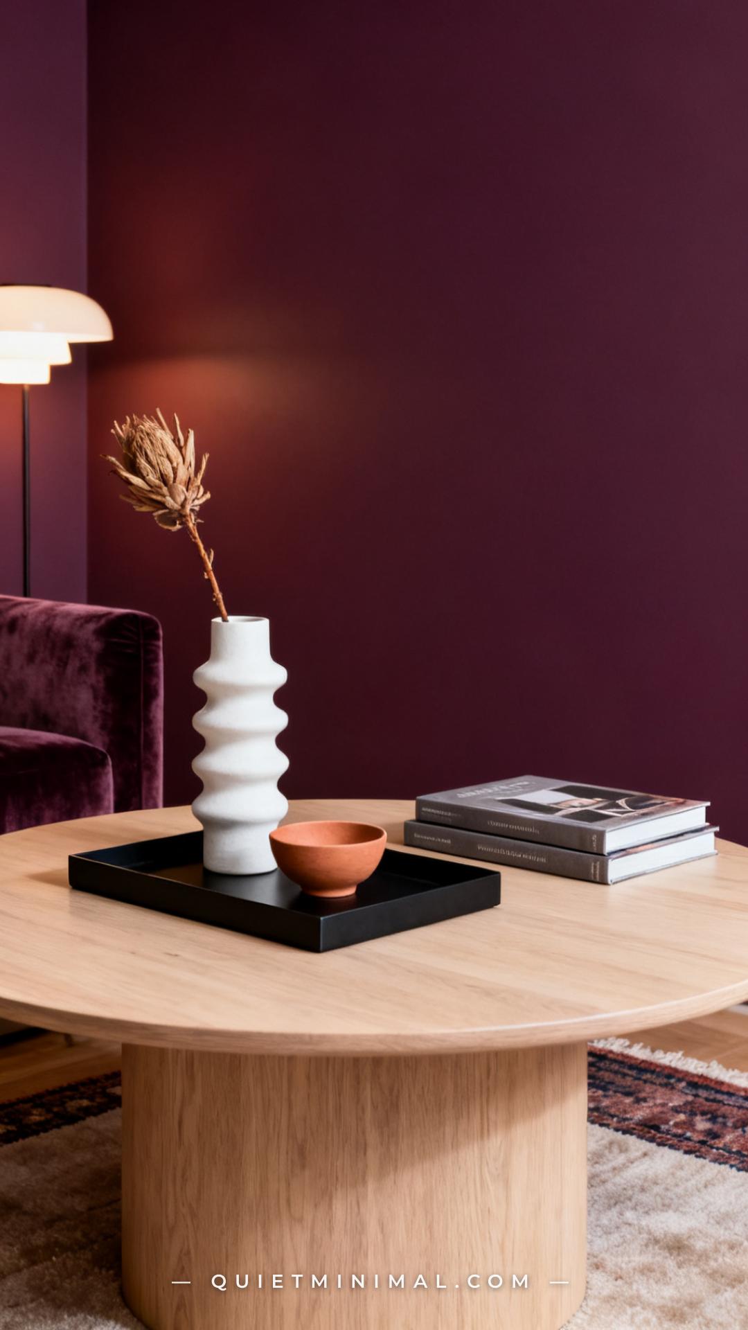 A vertical photograph captures a styled coffee table in a plum-walled living room