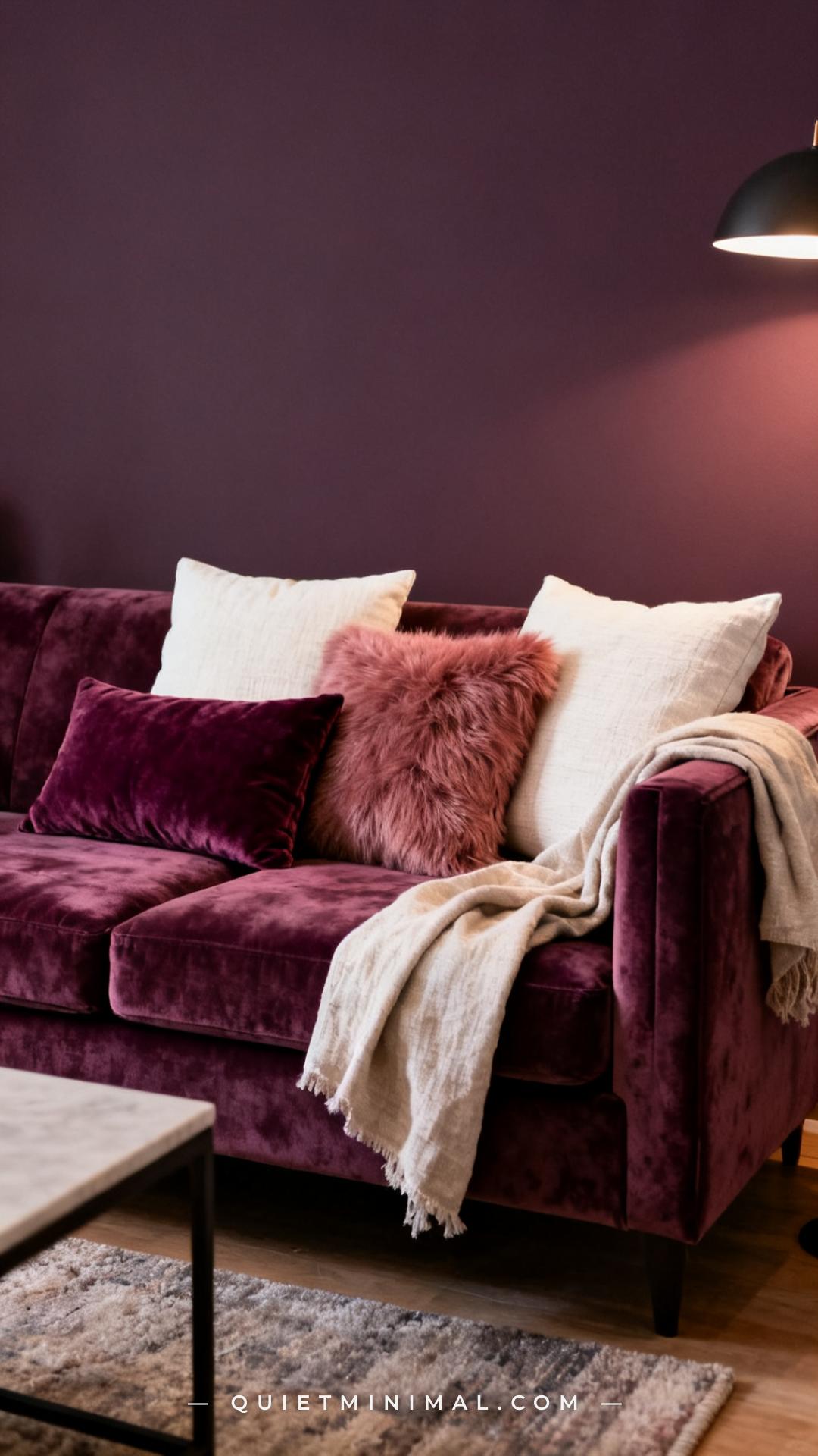 A vertical photograph captures the full width of a plum velvet sofa styled with a layered pillow arrangement