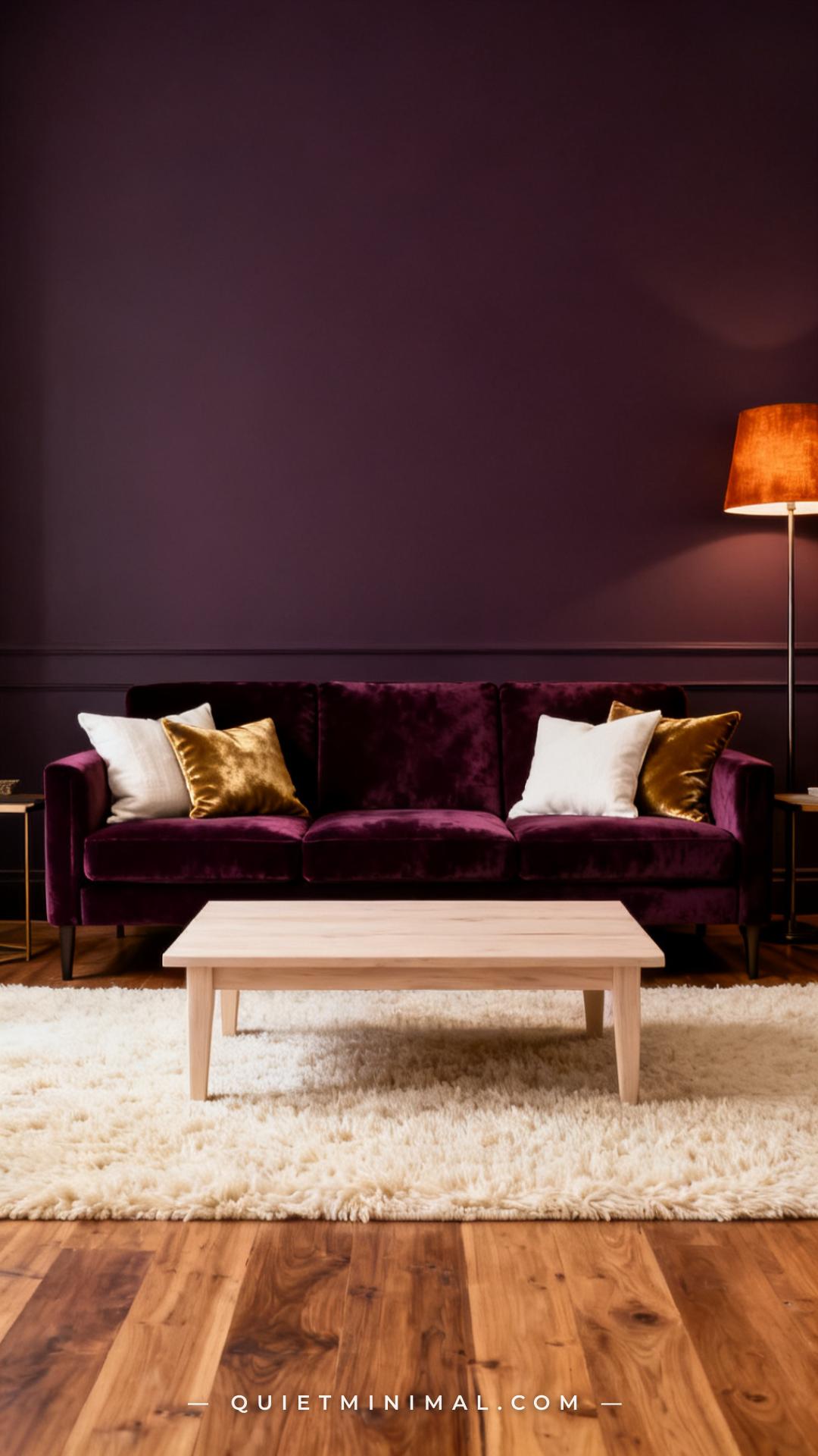 A vertical photograph captures the full width of a living room seating area with a deep plum velvet three-seat sofa cent