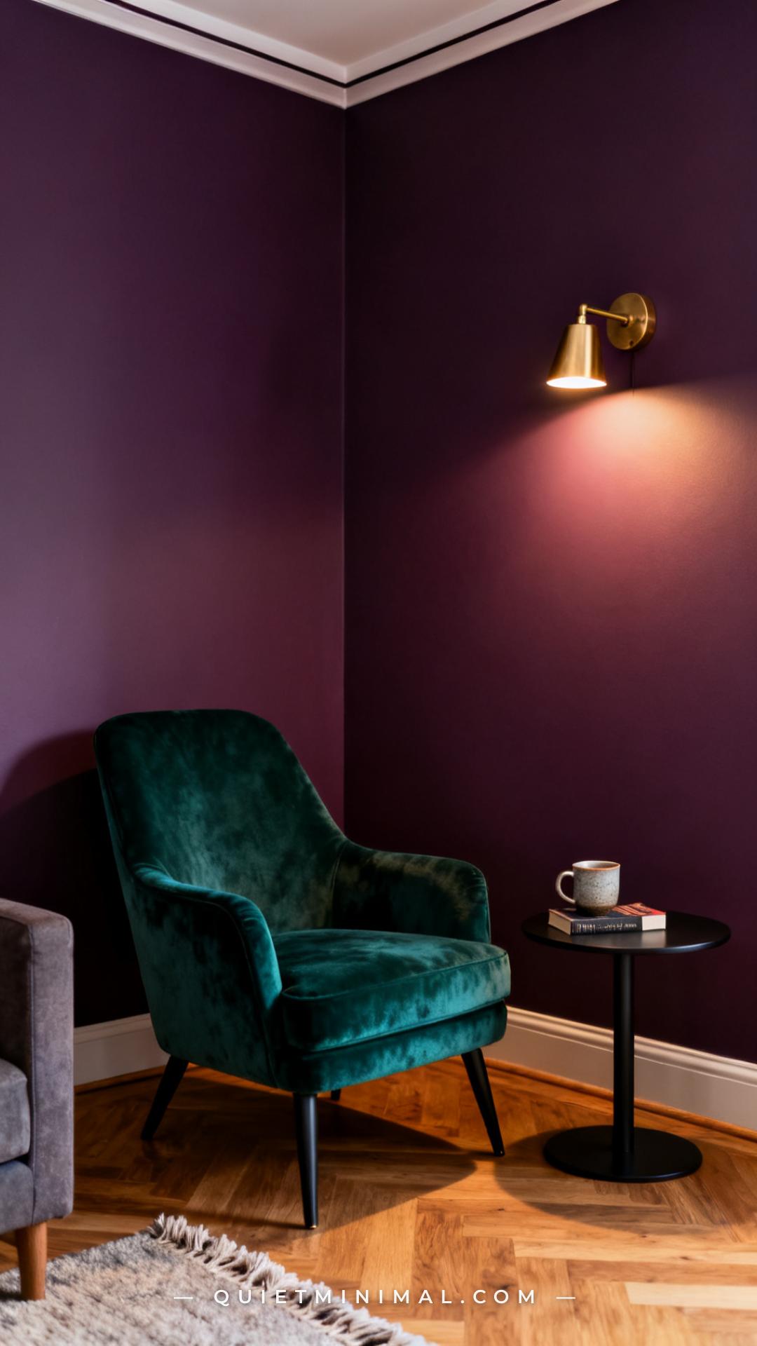 A vertical photograph captures a cozy living room corner showing a velvet accent chair in a deep forest green or teal pl