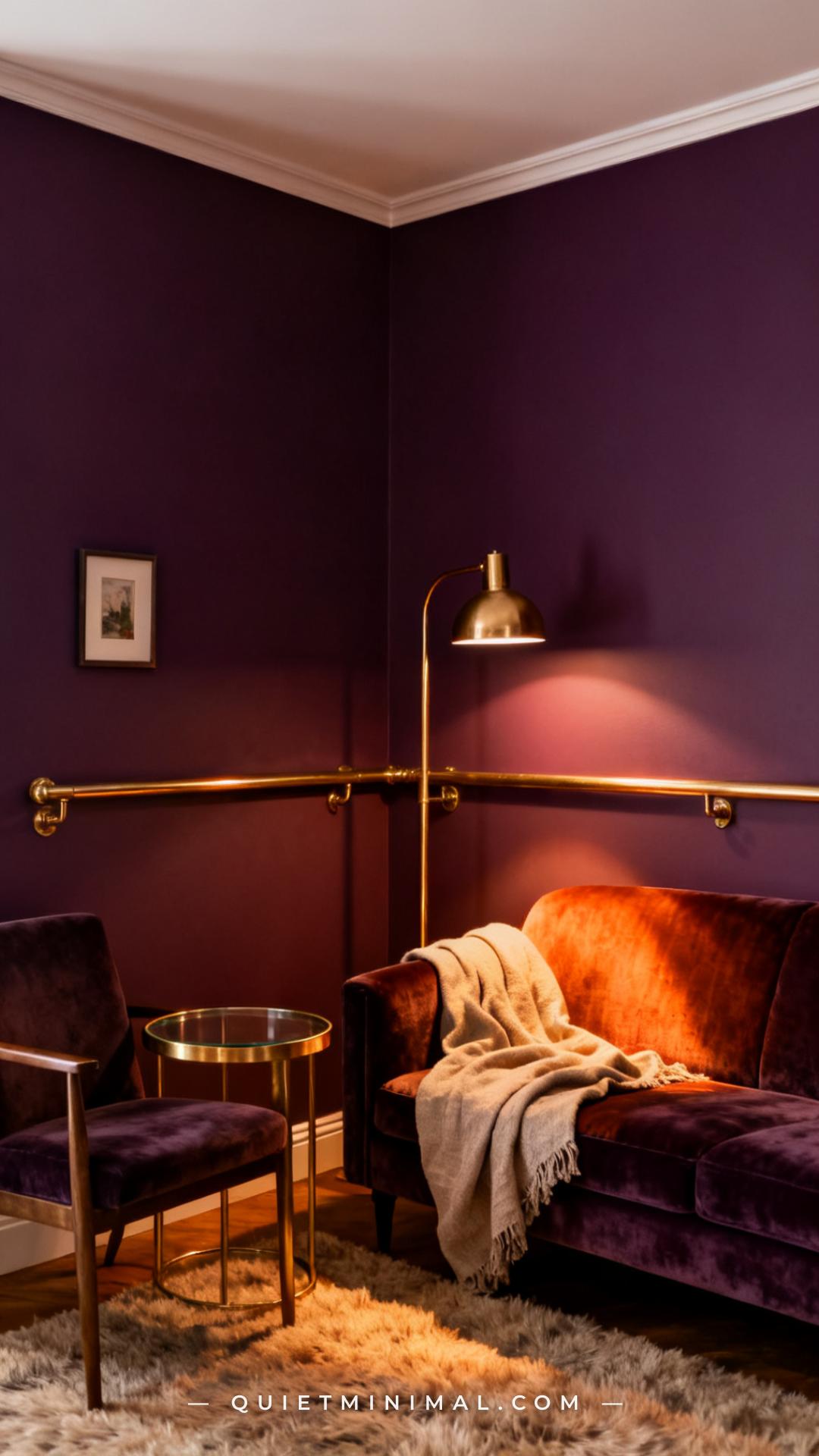 A vertical photograph captures a living room vignette showing brushed brass fixtures and hardware against deep plum wall