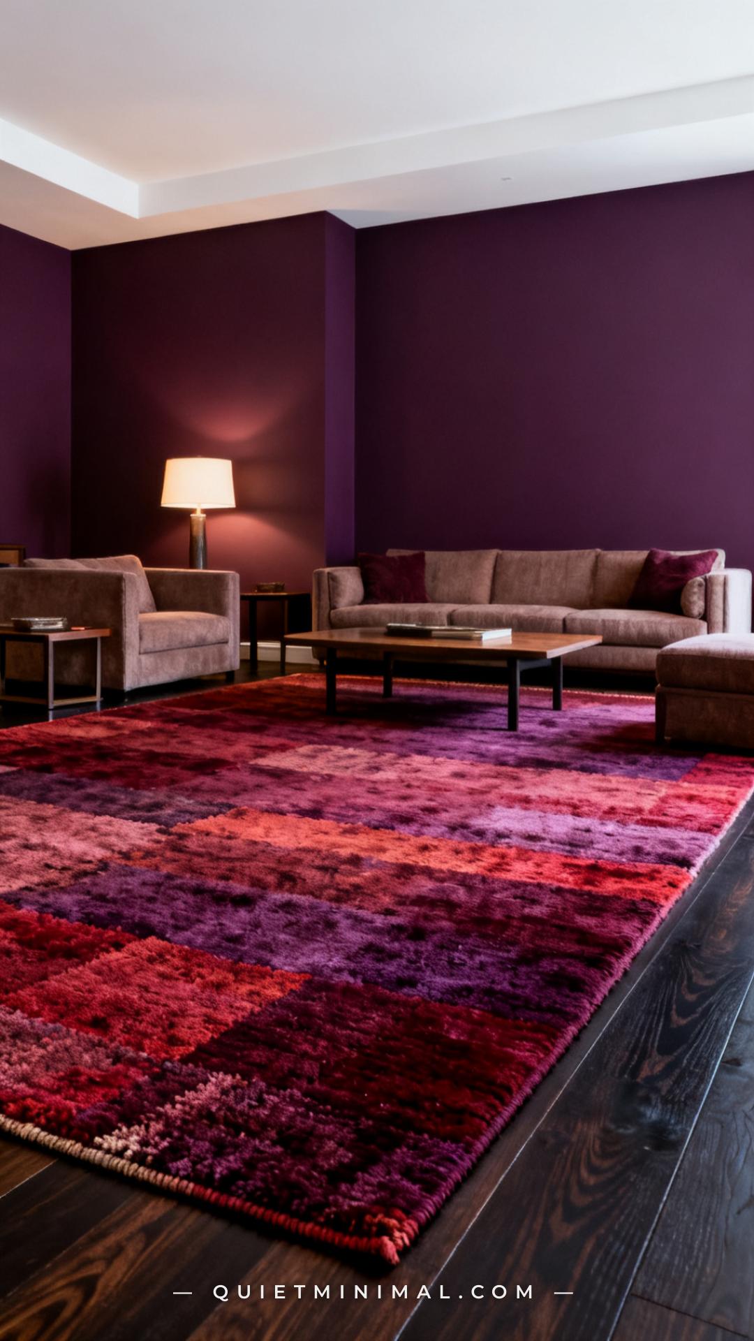 A vertical photograph captures the floor area of a plum-walled living room with a deep overdyed wool rug in burgundy