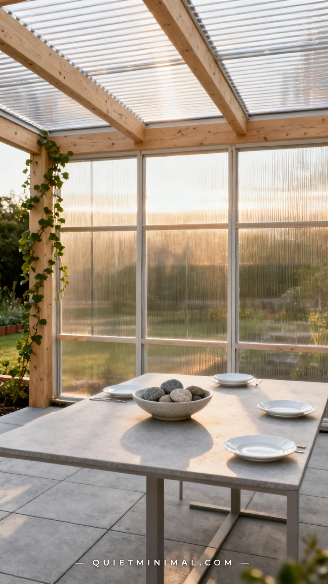 A wide-angle vertical photograph establishes a pergola interior viewed from inside looking toward the garden