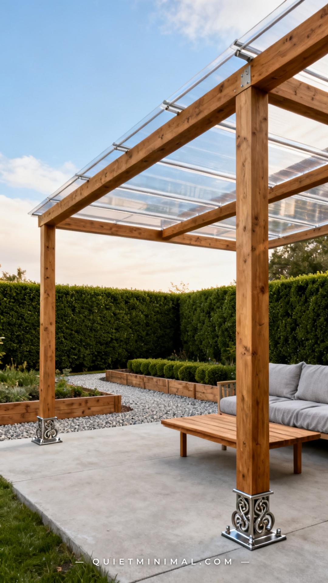 A vertical wide-angle photograph shot from a low angle looking up at a freestanding polycarbonate pergola