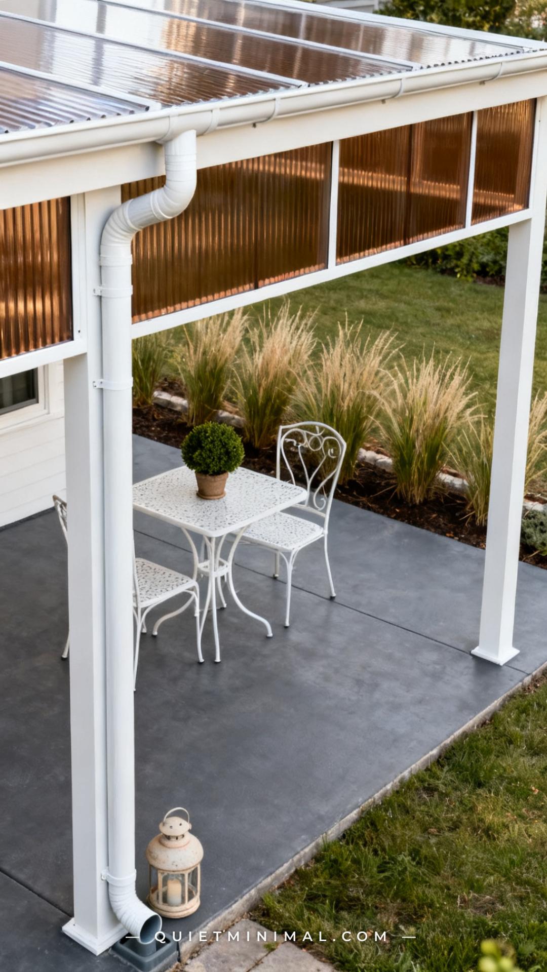 A medium-wide vertical photograph shows the low outer edge of a lean-to polycarbonate patio cover with a complete alumin